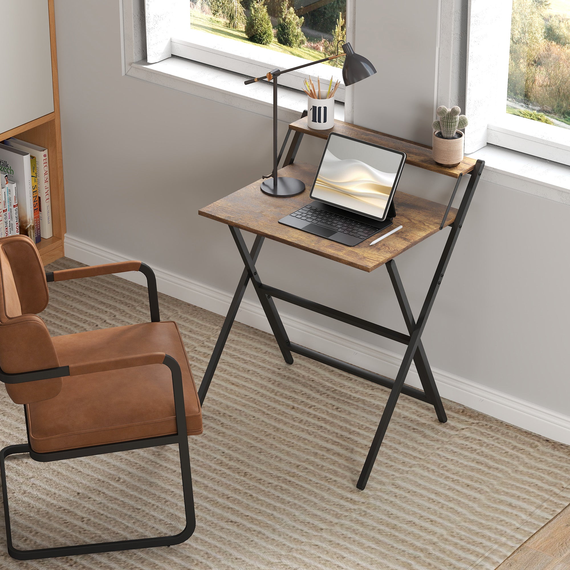 Foldable Computer Desk 25.8 x 17.7 in with Storage Shelf — Rustic Brown