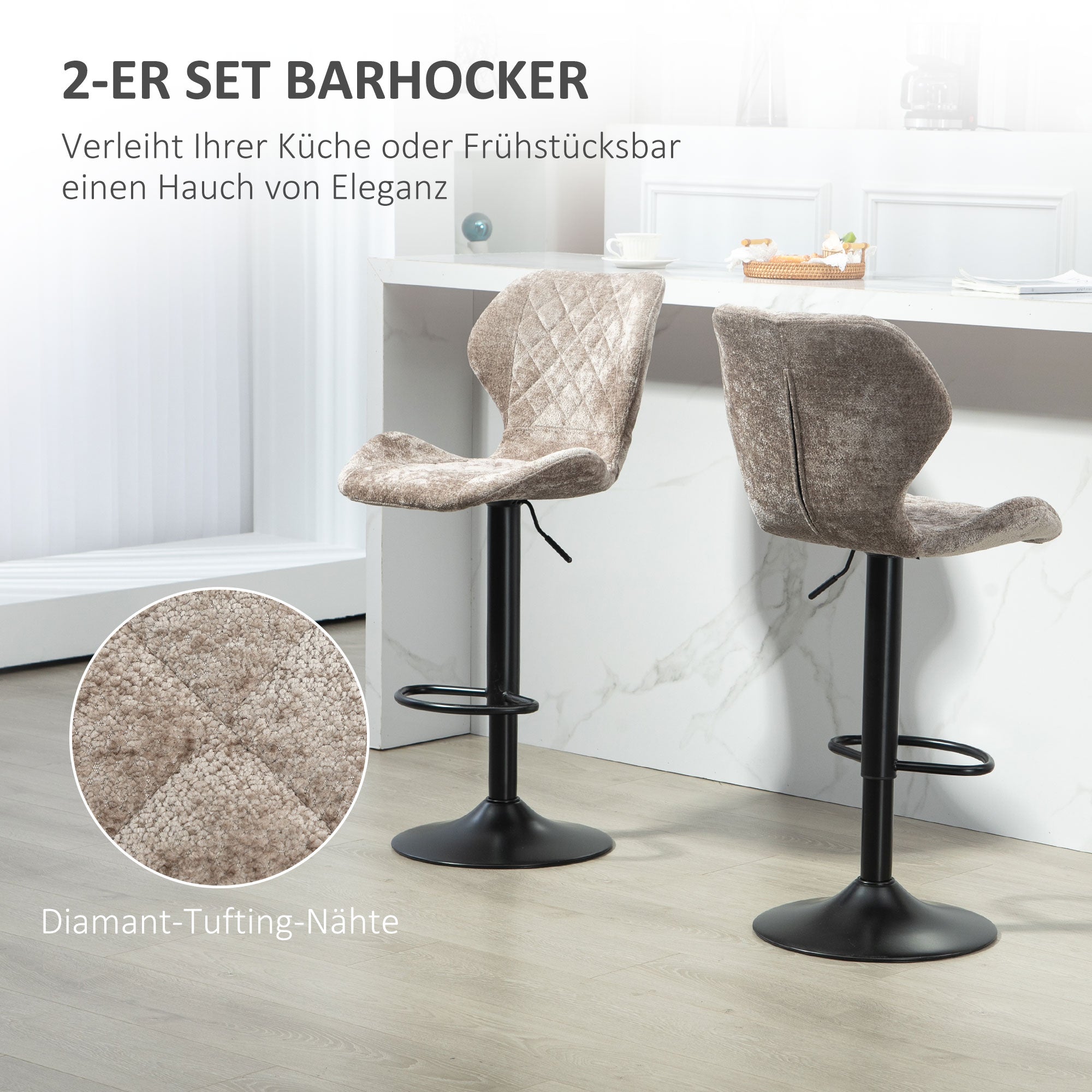 Bar Stools Set of 2, Swivel Height Adjustable Barstool with Chenille Look, Upholstered Kitchen Chairs with Backrest and Footrest Counter Stools for Kitchen, Steel Brown