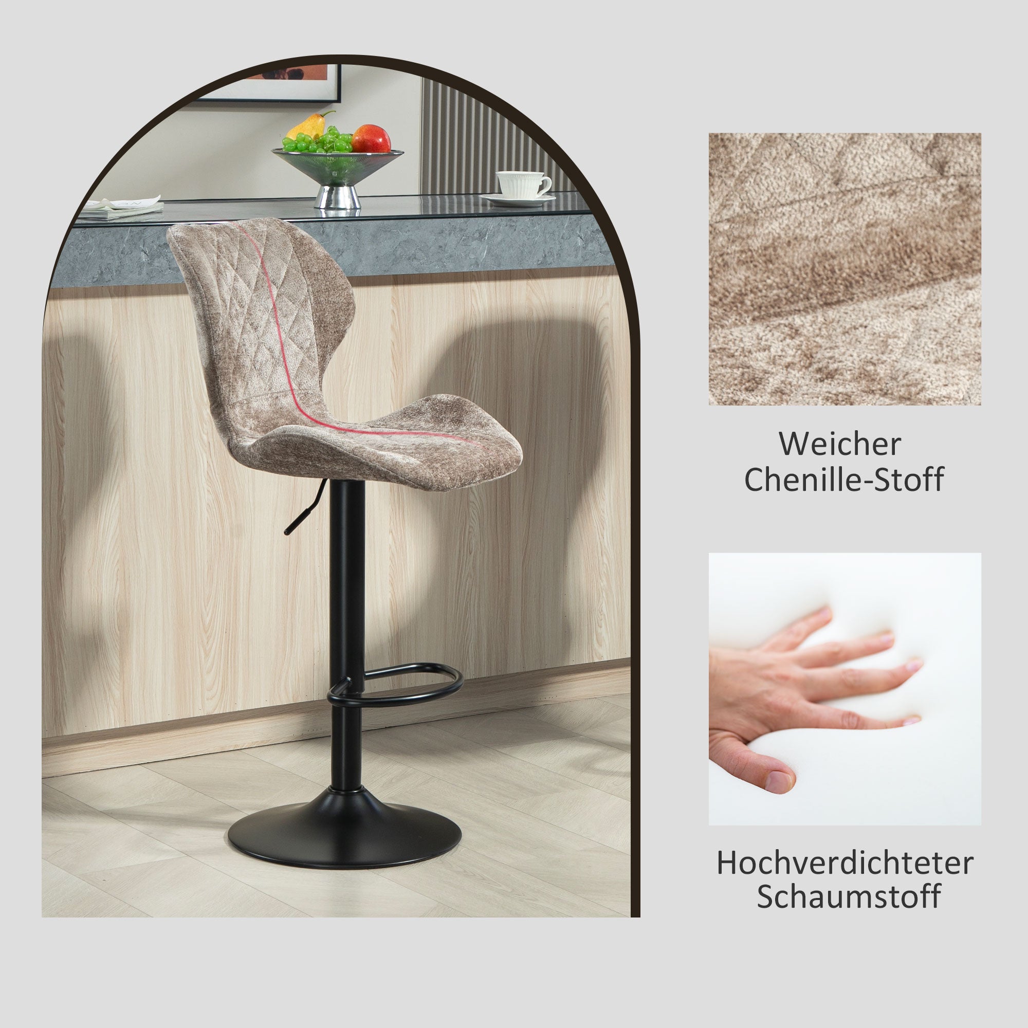 Bar Stools Set of 2, Swivel Height Adjustable Barstool with Chenille Look, Upholstered Kitchen Chairs with Backrest and Footrest Counter Stools for Kitchen, Steel Brown