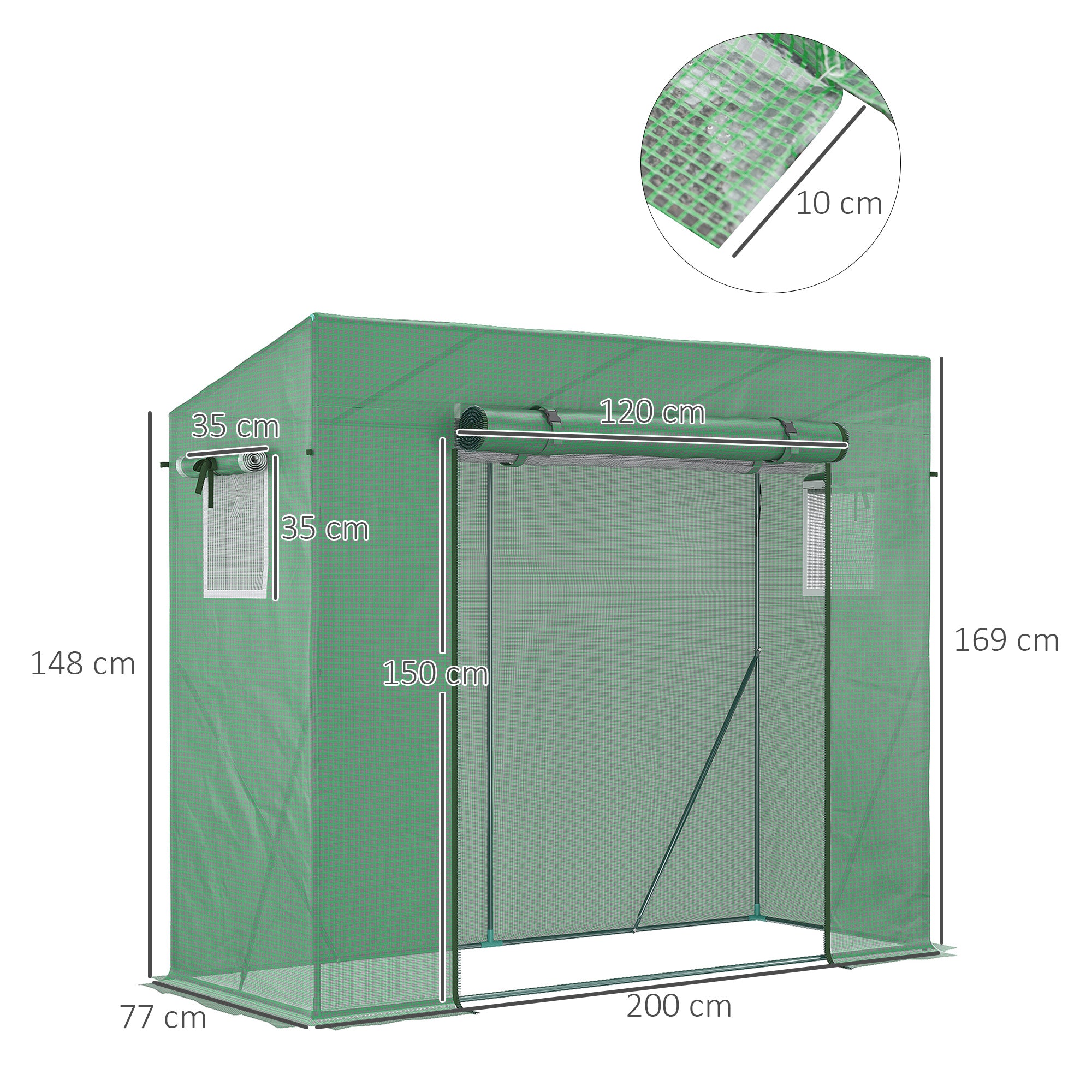 PE Garden Greenhouse, Balcony Greenhouse, 140 gsm Reinforced Tarpaulin, Steel Frame, Roll-Up Zippered Door, for Vegetables Plants Flowers, Indoor and Outdoor, 200 x 77 x 169 cm, Green