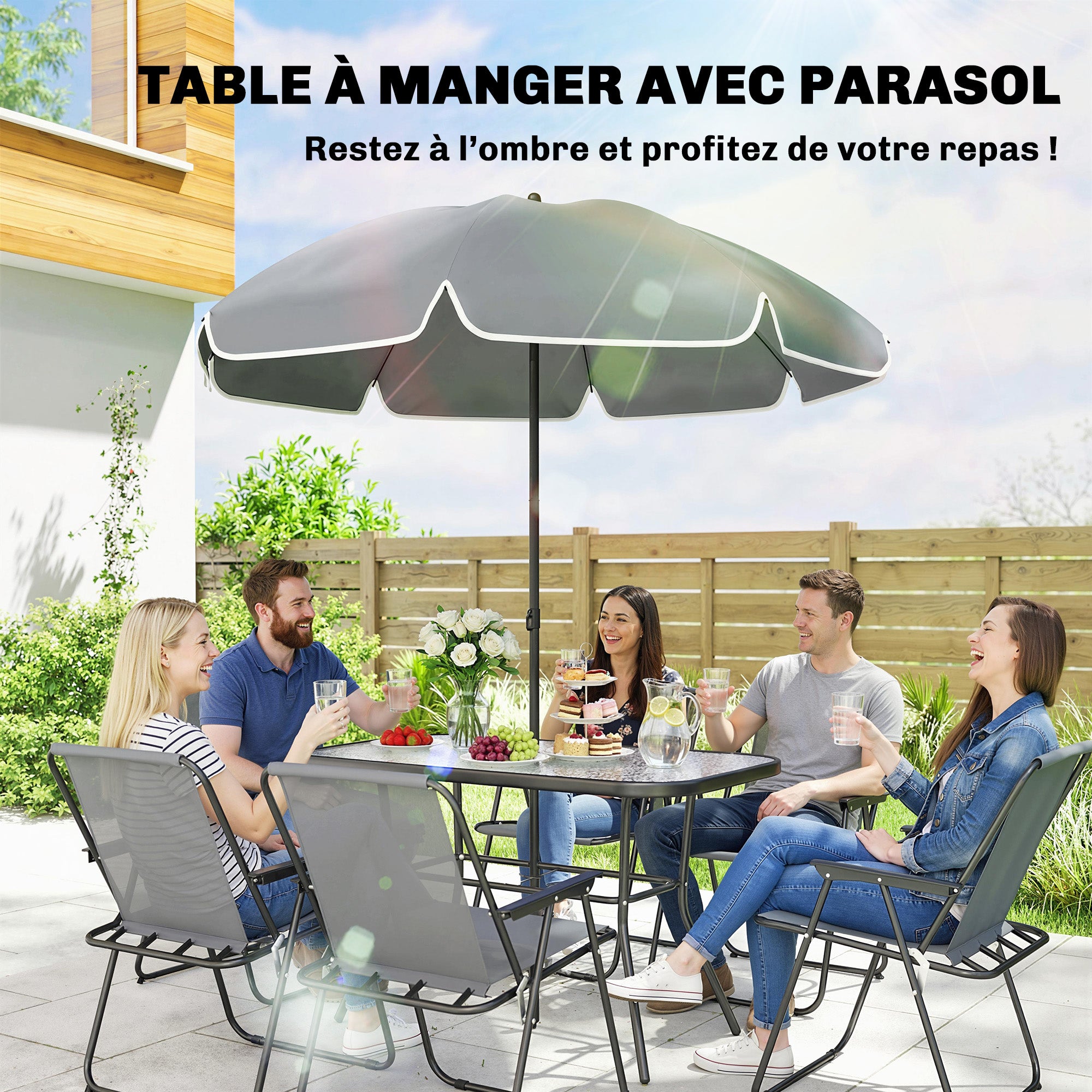 8-Piece Outdoor Patio Set — Table with Tempered Glass Top, 6 Folding Chairs & Parasol, Rust-Resistant Steel Frame, Grey