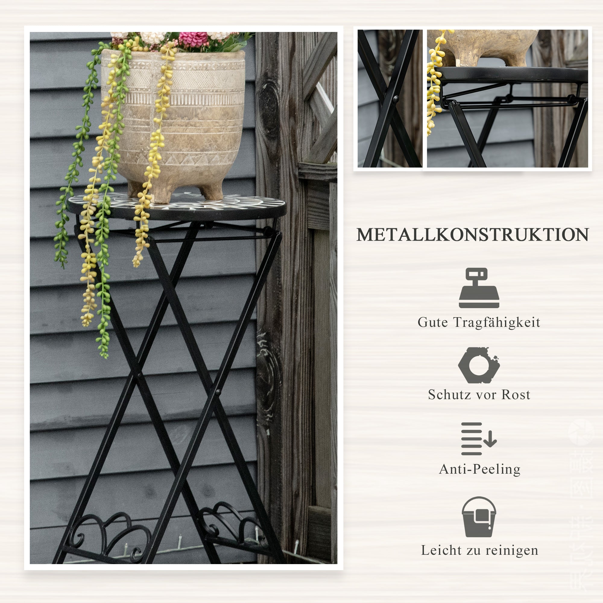 Plant Stand Ø36 x 67 cm Flower Stand Plant Holder foldable round for balcony stone mosaic garden indoor outdoor multicolored