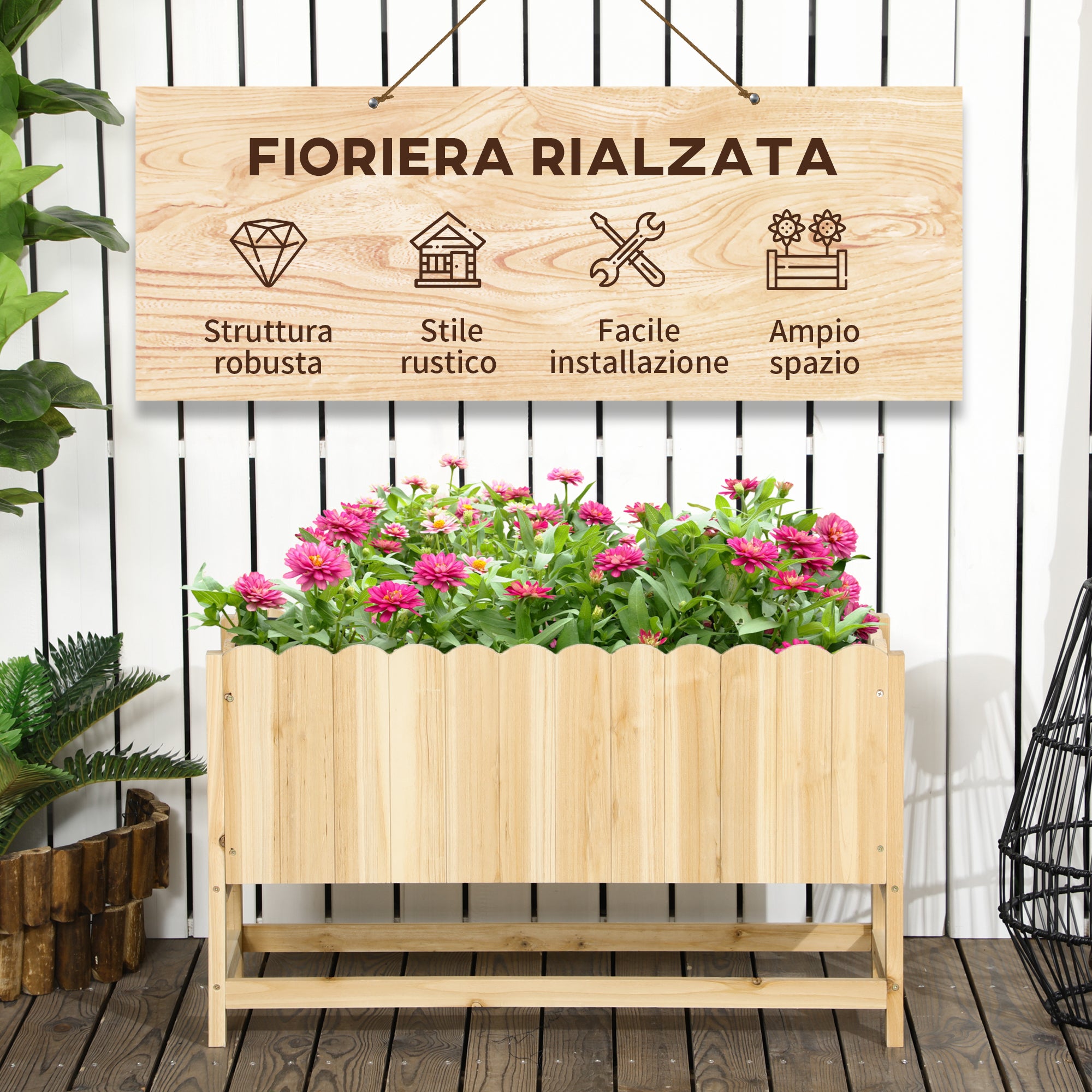 Outdoor Vertical Space-Saving Fir Wood Planter with Drainage Hole and Inner Lining, 86x30x50 cm, Wood Color