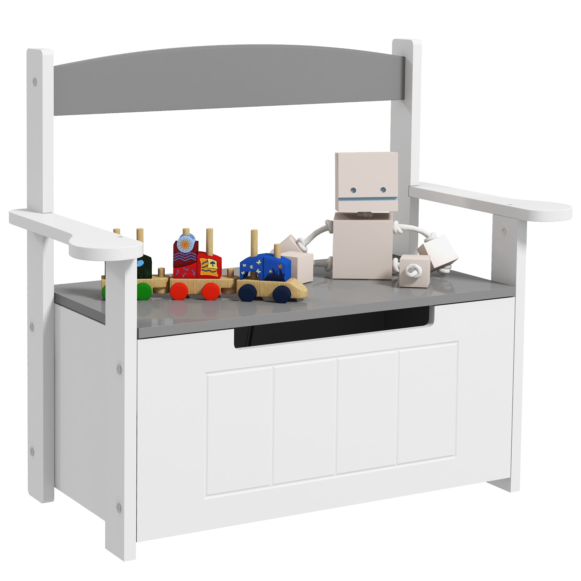 Children's Toy Chest 2-in-1 Storage Bench and Seating with Backrest and Armrests - Gas Spring 68.5L x 34W x 58H cm Gray