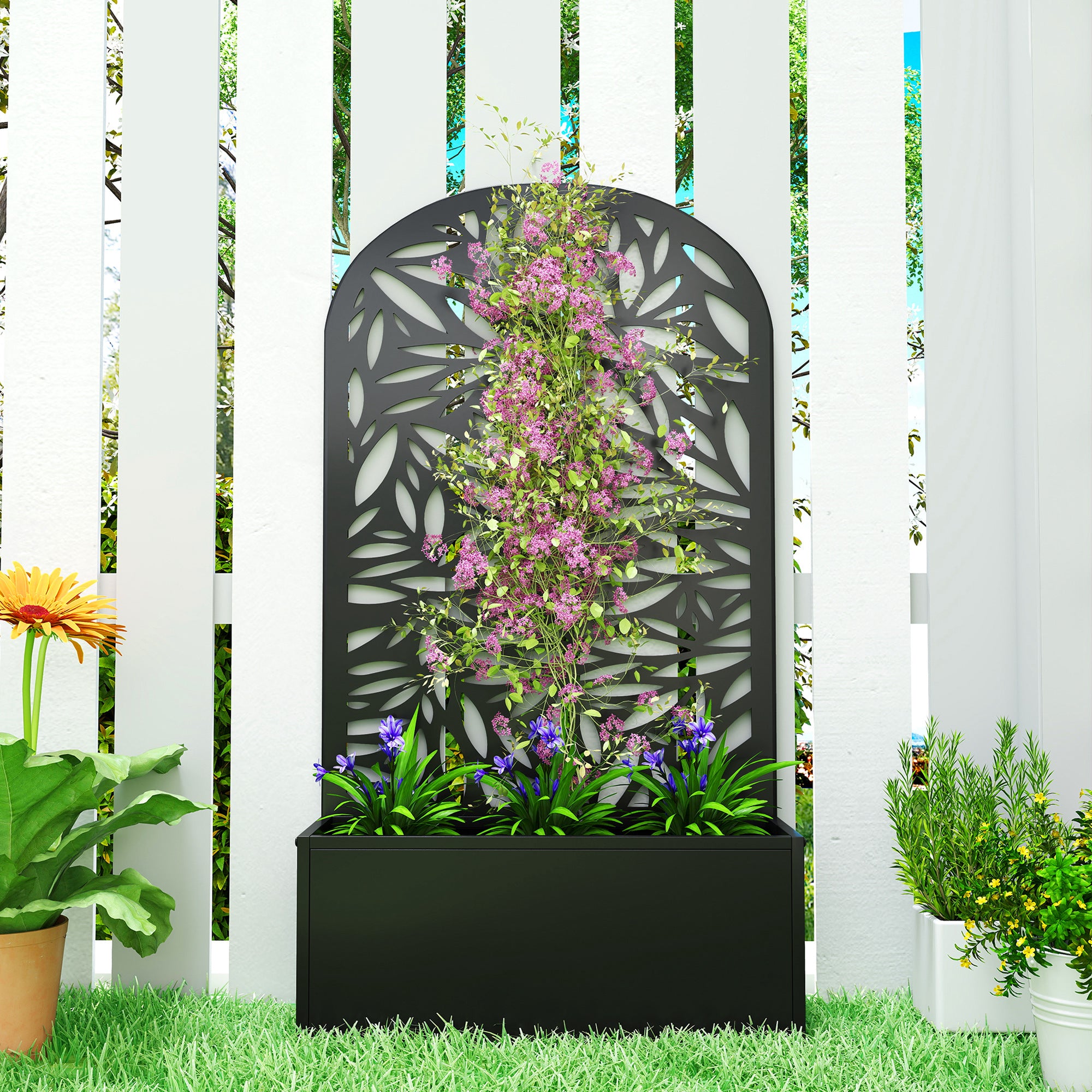 Elevated Planter with Leaf-Pattern Trellis — Metal Flower Box 24" x 9" x 44.5" for Garden, Balcony & Patio