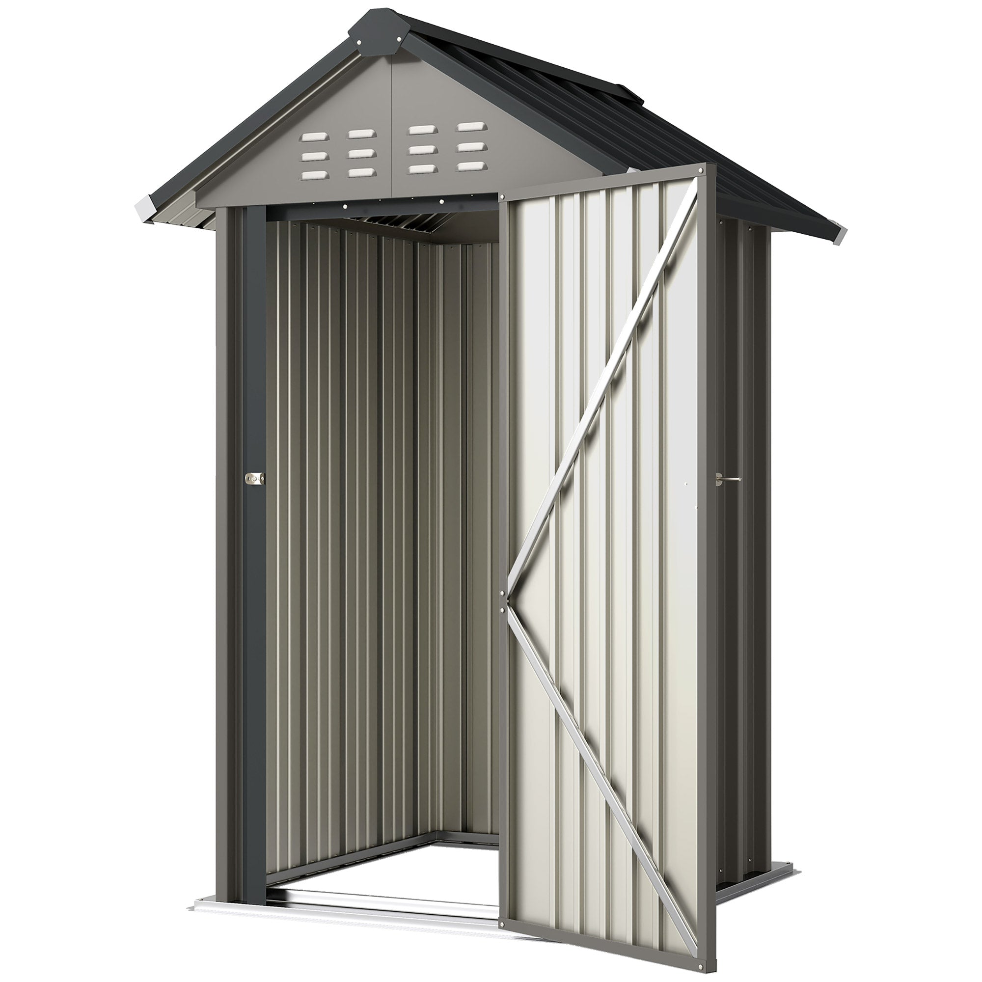 Galvanized Metal Garden Shed, 1.17 m² (12.6 ft²) – Ventilated, Lockable Storage with Gable Roof, Gloves Included, Light Gray