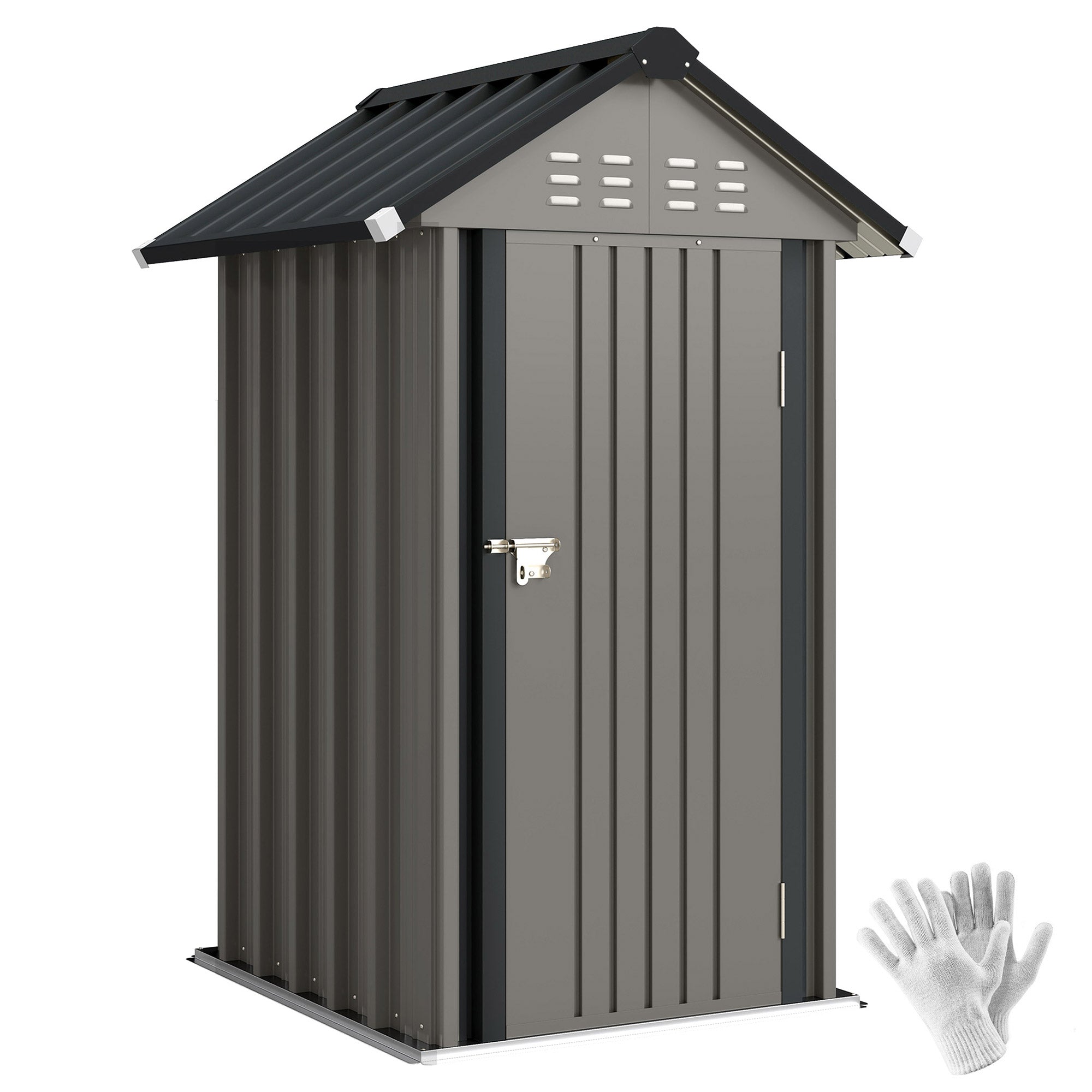 Galvanized Metal Garden Shed, 1.17 m² (12.6 ft²) – Ventilated, Lockable Storage with Gable Roof, Gloves Included, Light Gray