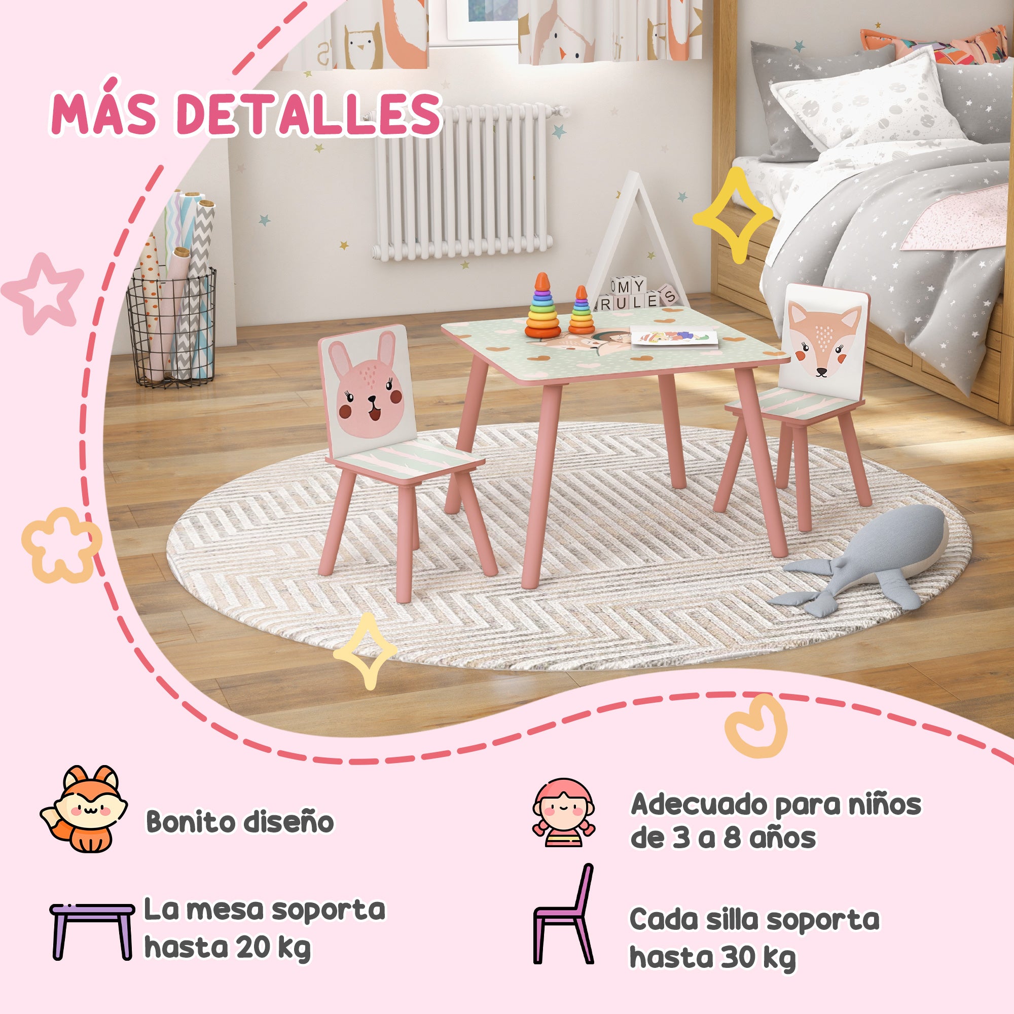 ZONEKIZ 3-Piece Kids Table and Chairs Set Children's Table with 2 Chairs Furniture Set for Activities for Children aged 3-8 Years for Bedroom Playroom Pink and White