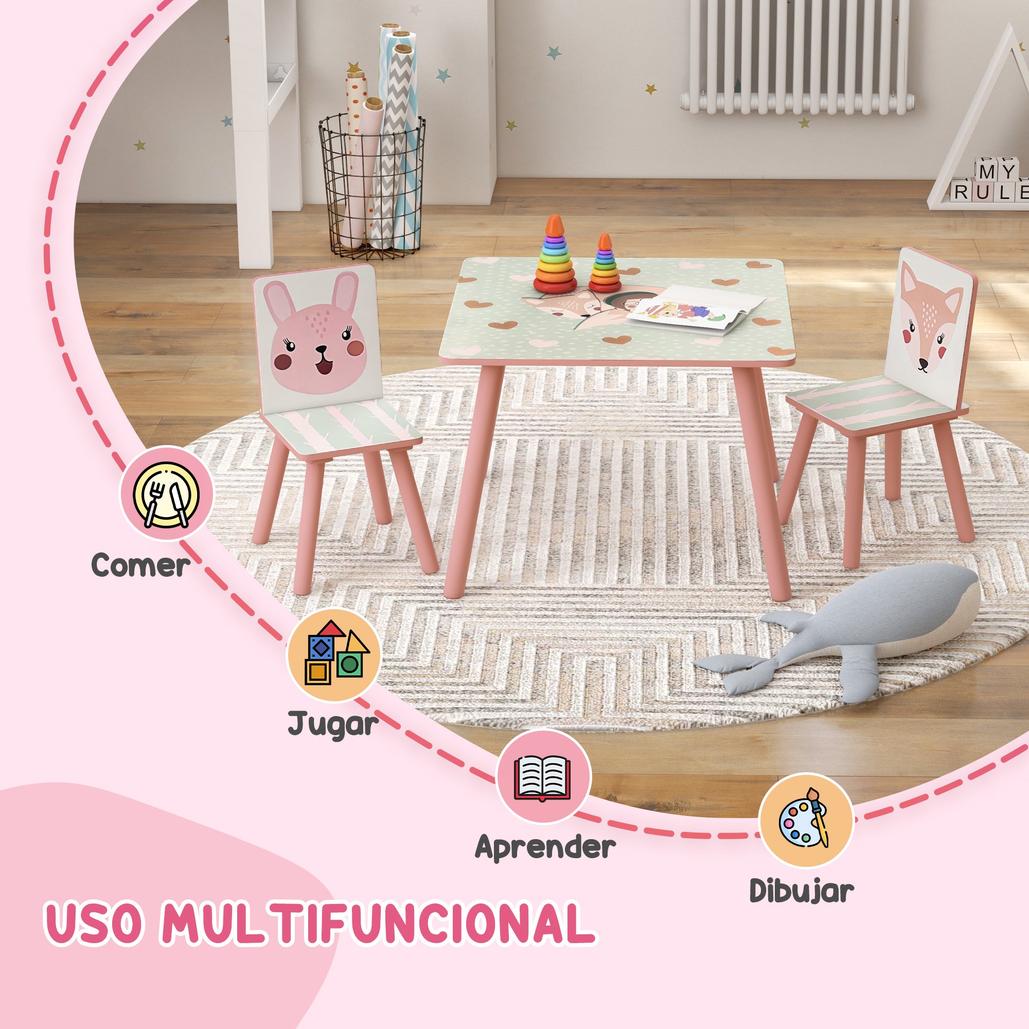 ZONEKIZ 3-Piece Kids Table and Chairs Set Children's Table with 2 Chairs Furniture Set for Activities for Children aged 3-8 Years for Bedroom Playroom Pink and White