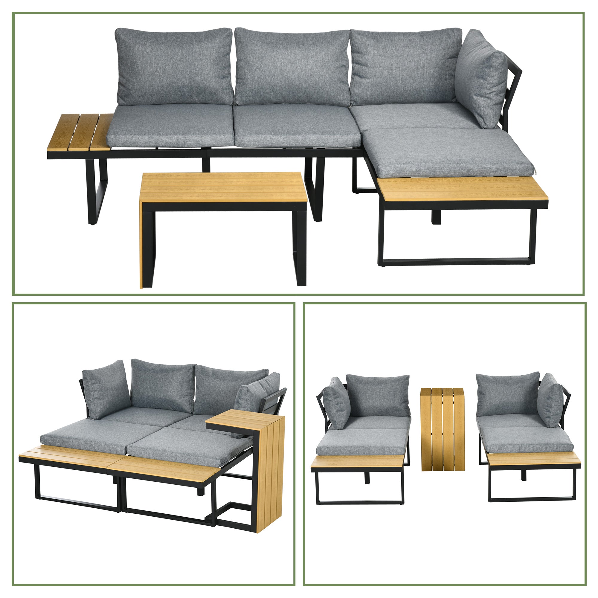 3 Piece Garden Furniture Set, Balcony Furniture with Seat Cushions, Garden Lounge Set with Corner Sofa, Double Sofa, Coffee Table, for Patio, Balcony, Aluminum, Dark Gray+Nature