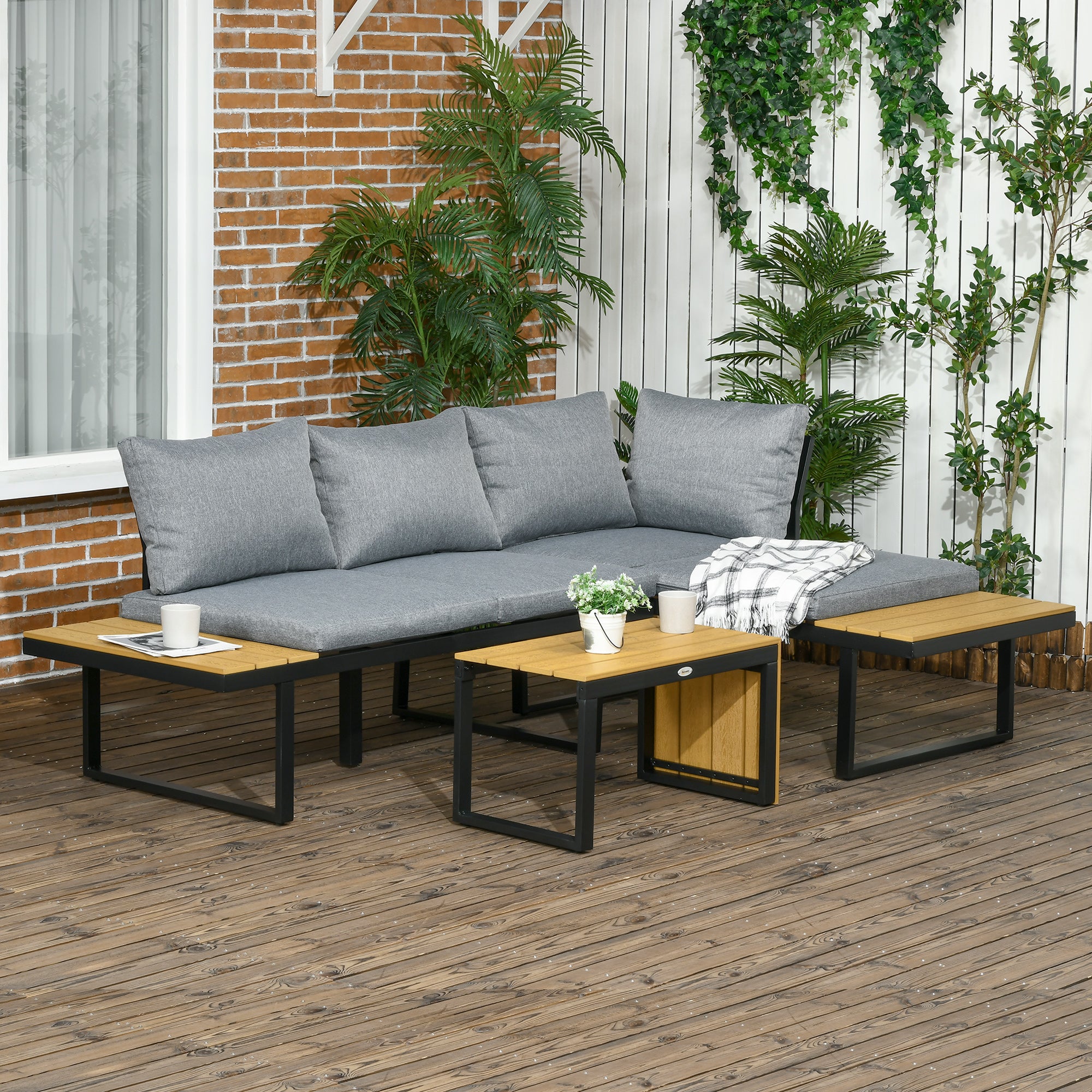 3 Piece Garden Furniture Set, Balcony Furniture with Seat Cushions, Garden Lounge Set with Corner Sofa, Double Sofa, Coffee Table, for Patio, Balcony, Aluminum, Dark Gray+Nature