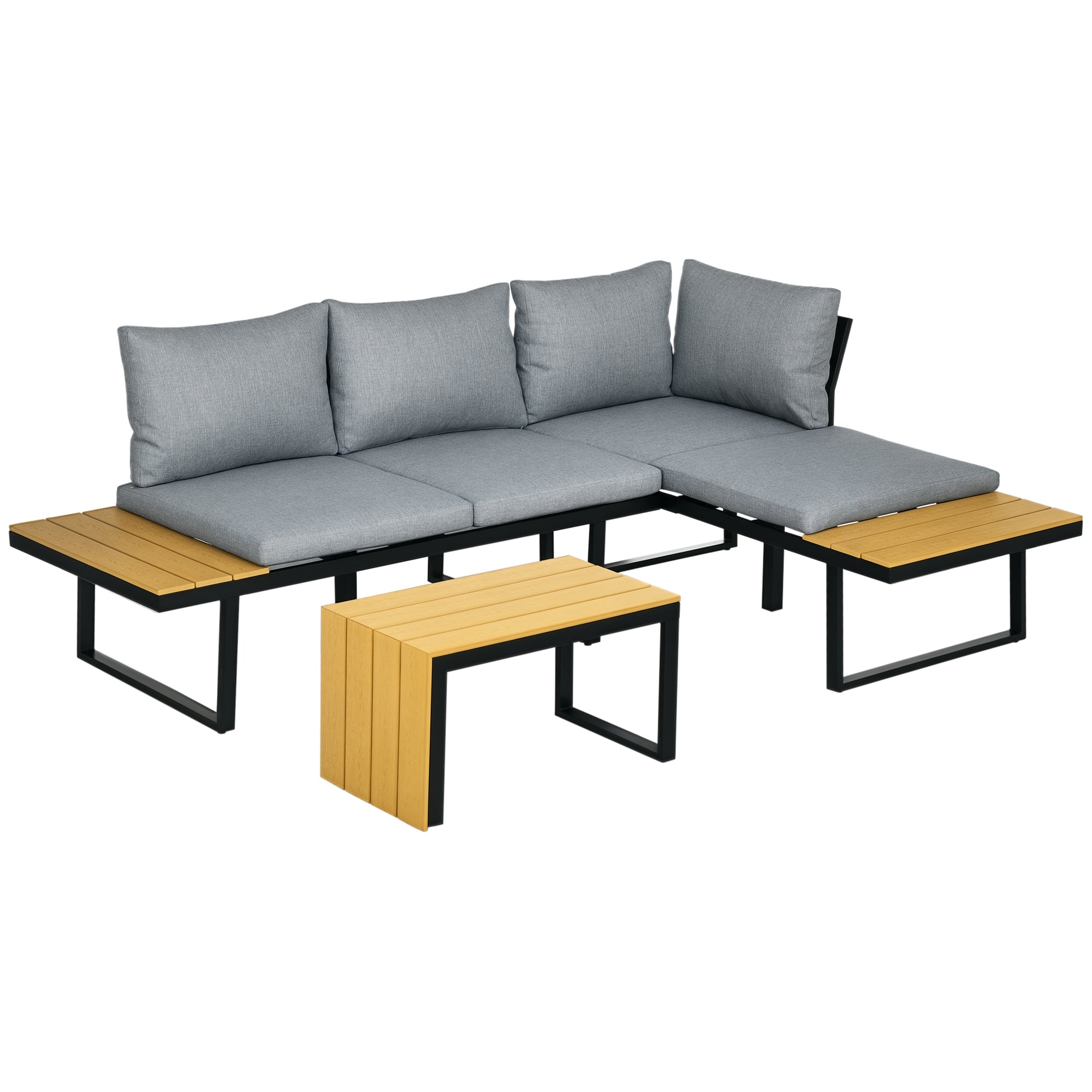 3 Piece Garden Furniture Set, Balcony Furniture with Seat Cushions, Garden Lounge Set with Corner Sofa, Double Sofa, Coffee Table, for Patio, Balcony, Aluminum, Dark Gray+Nature