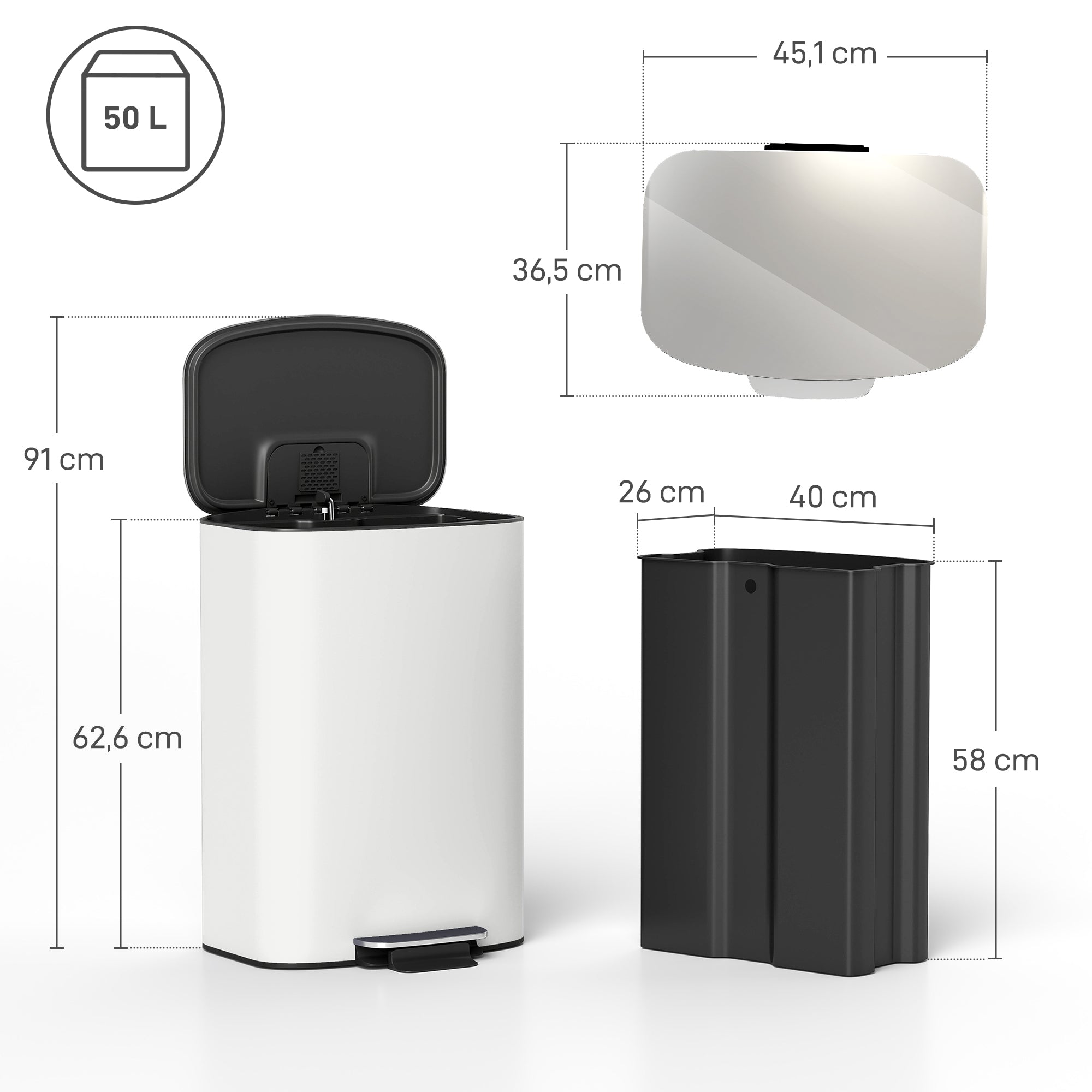 50L Kitchen Step Trash Can – Stay-Open & Soft-Close Lid, Pedal Bin, Stainless Steel, Cream White, 17.8 x 14.4 x 24.6 in
