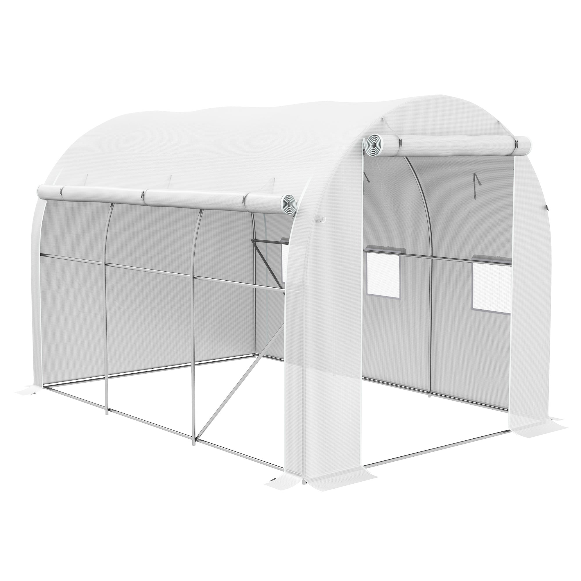 Garden Greenhouse 6m² 3 x 2m with 1 door + 2 roll-up side walls, 6 windows, galvanized steel PE high-density 140 g/m² Anti-UV white