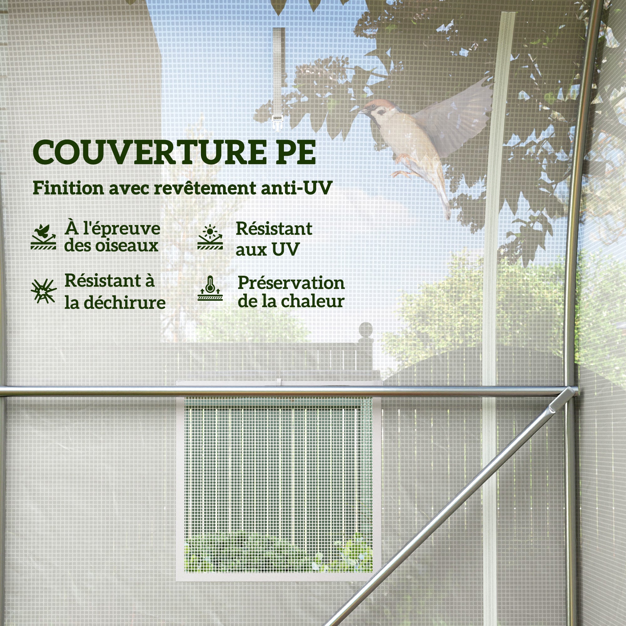 Garden Greenhouse 6m² 3 x 2m with 1 door + 2 roll-up side walls, 6 windows, galvanized steel PE high-density 140 g/m² Anti-UV white