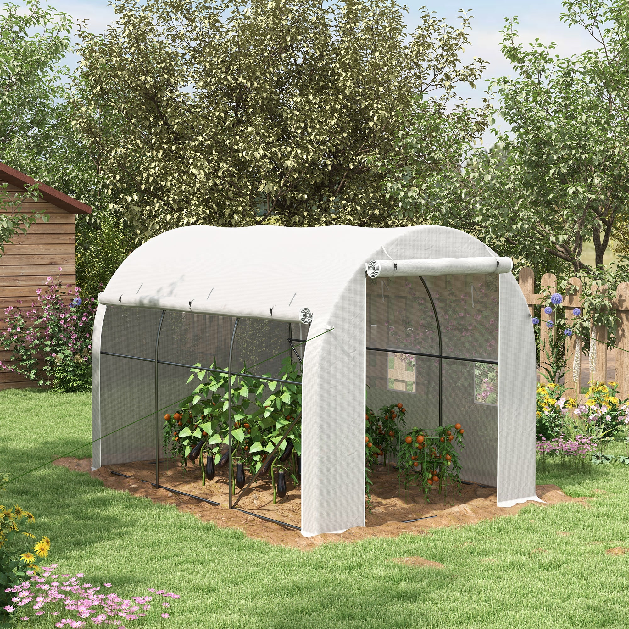 Garden Greenhouse 6m² 3 x 2m with 1 door + 2 roll-up side walls, 6 windows, galvanized steel PE high-density 140 g/m² Anti-UV white