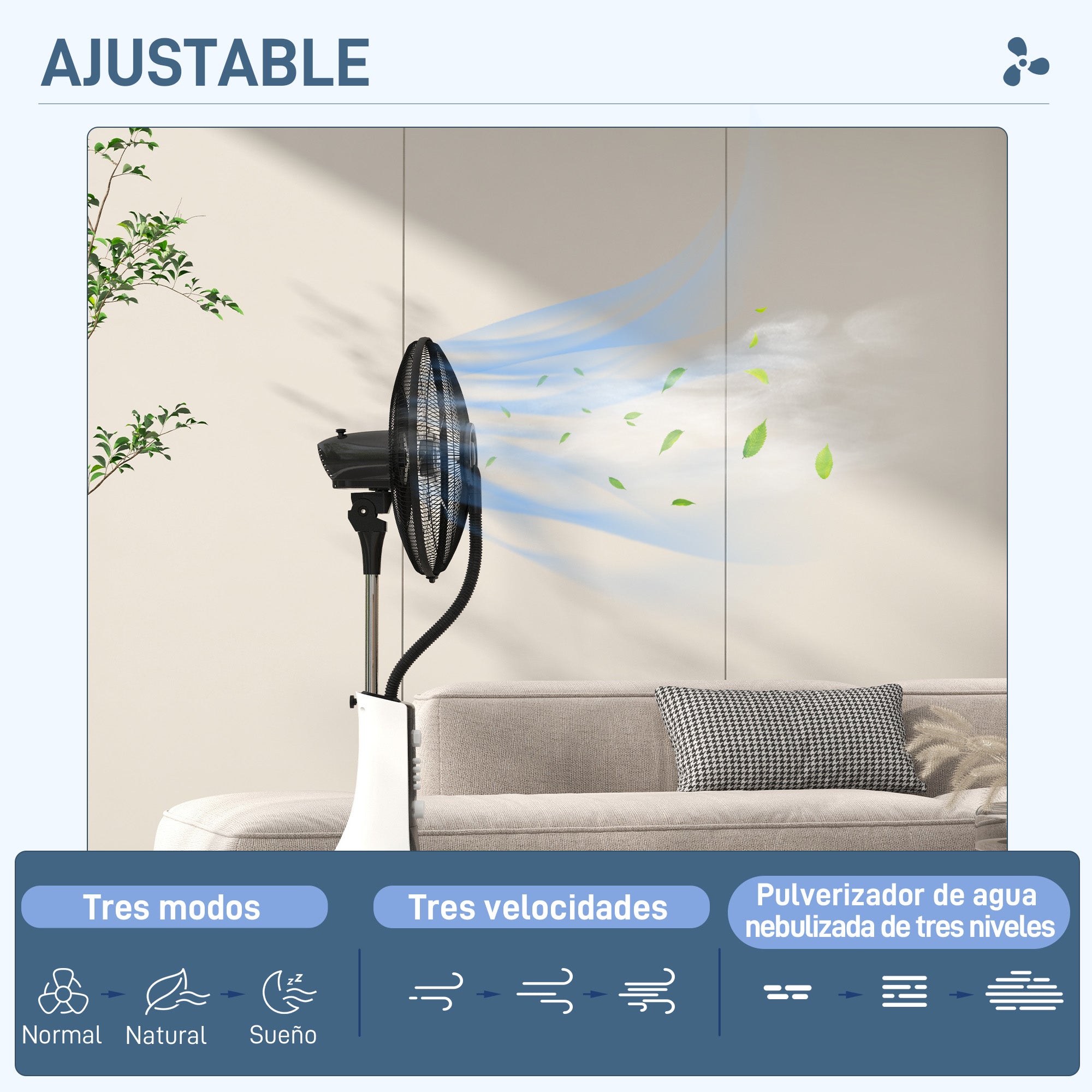 Misting Fan Oscillating Water Stand Fan 90 W Timer 3L Tank Remote Control 3 Speeds 5 Blades LED Display Ø44.5 cm Black and White