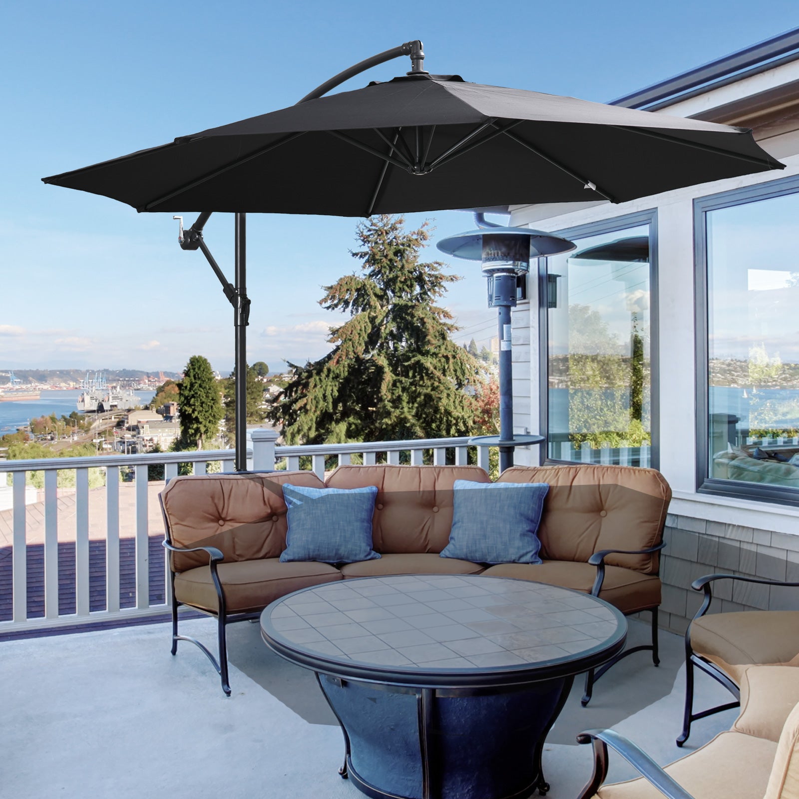 Cantilever Umbrella Ø300 cm Tiltable Sun Umbrella with UV Protection Crank Umbrella with Stand, Crank Device, Market Umbrella Garden Umbrella Sun Protection for Balcony Garden Terrace Black