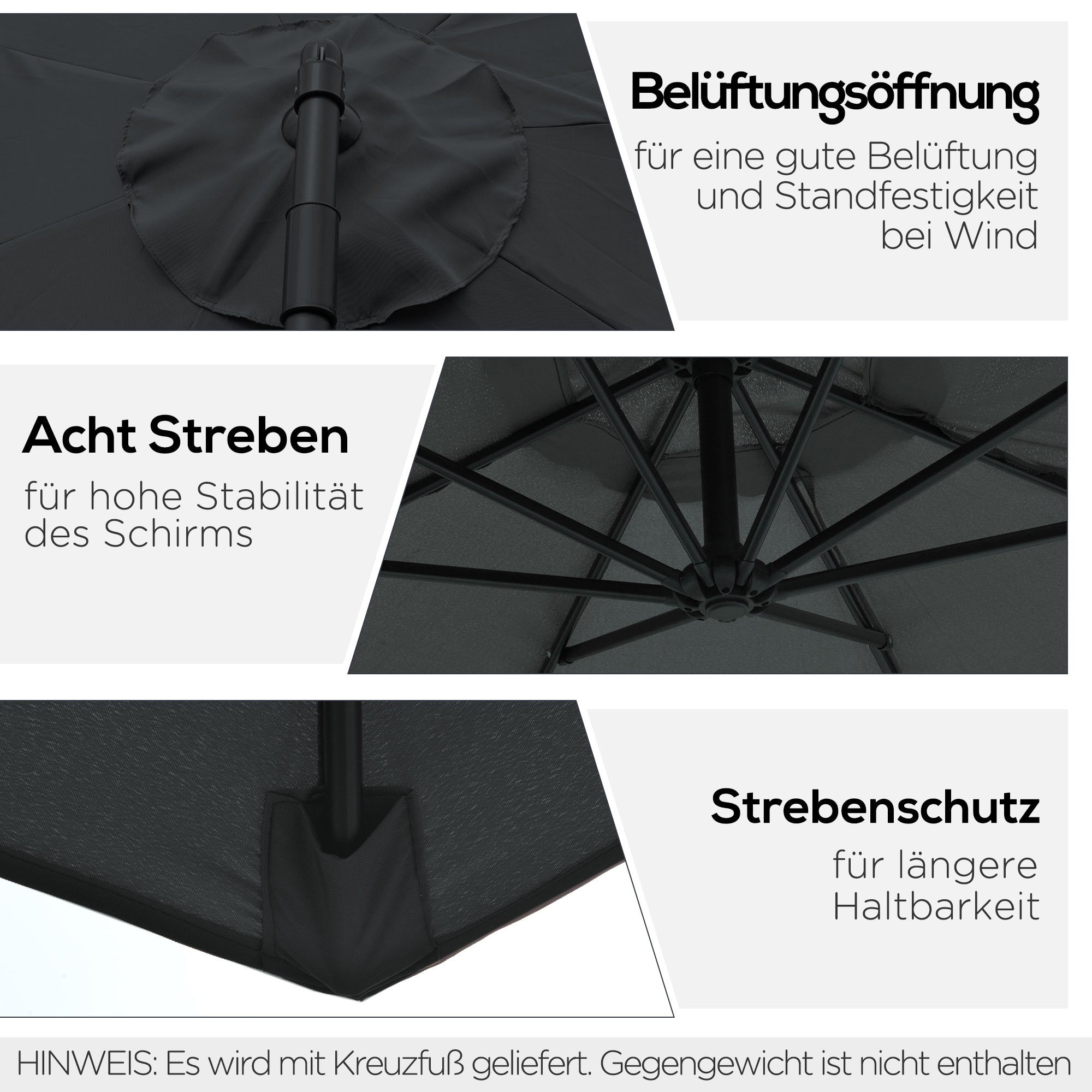 Cantilever Umbrella Ø300 cm Tiltable Sun Umbrella with UV Protection Crank Umbrella with Stand, Crank Device, Market Umbrella Garden Umbrella Sun Protection for Balcony Garden Terrace Black