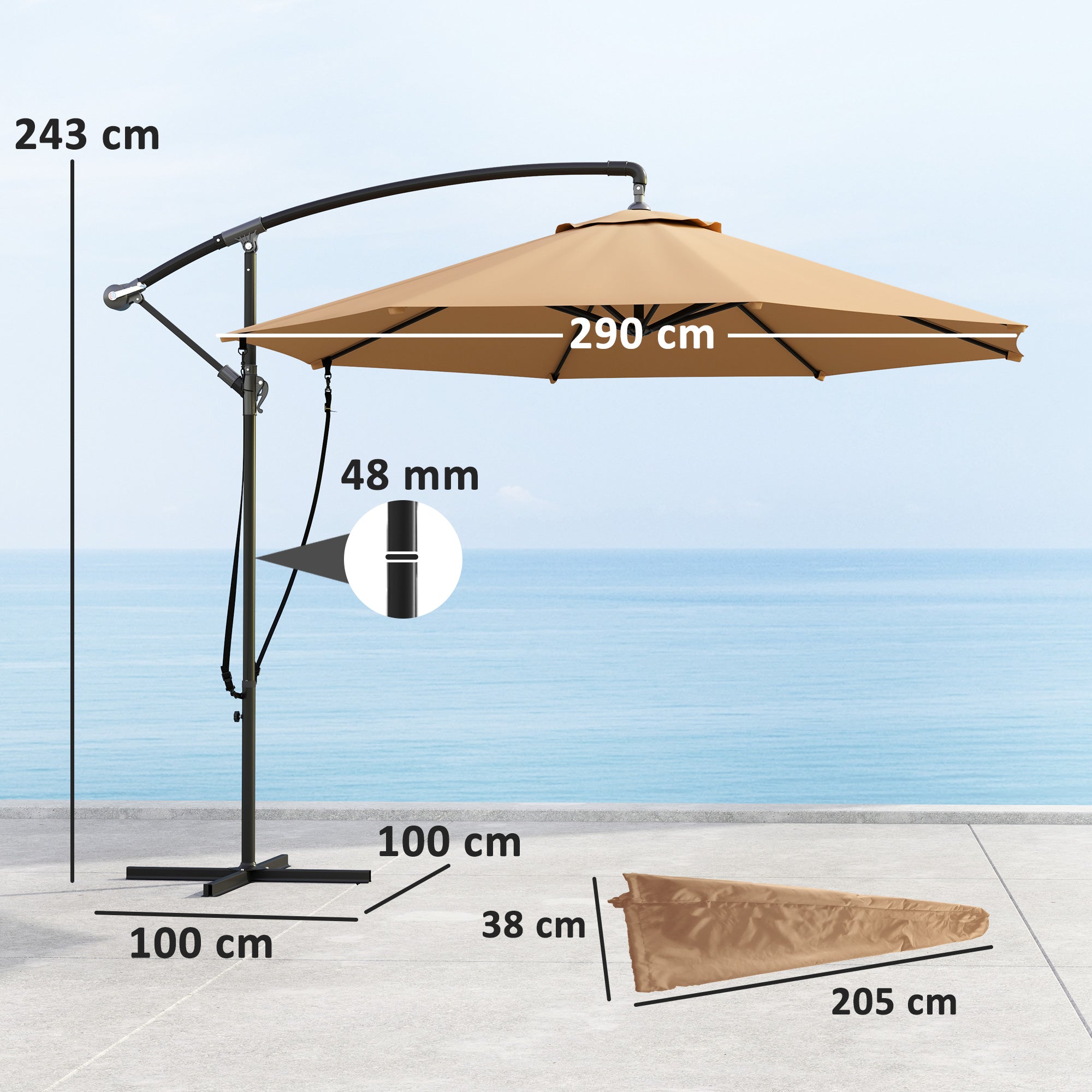 Offset Umbrella Ø 290 cm Garden Umbrella with Cross Base Crank Umbrella Cover and Anti-UV 50+ Wind Rope Umbrella for Terrace Patio Khaki