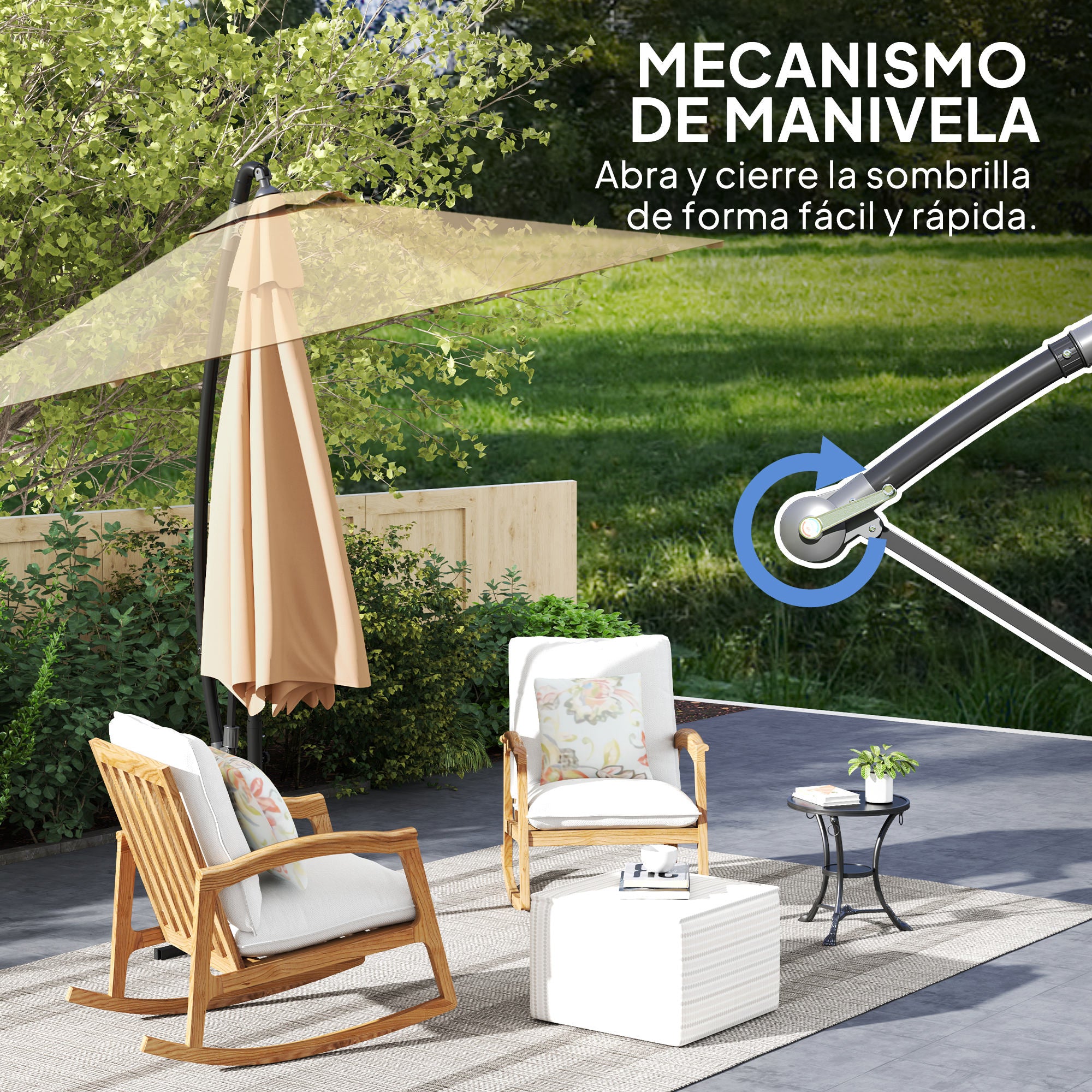 Offset Umbrella Ø 290 cm Garden Umbrella with Cross Base Crank Umbrella Cover and Anti-UV 50+ Wind Rope Umbrella for Terrace Patio Khaki