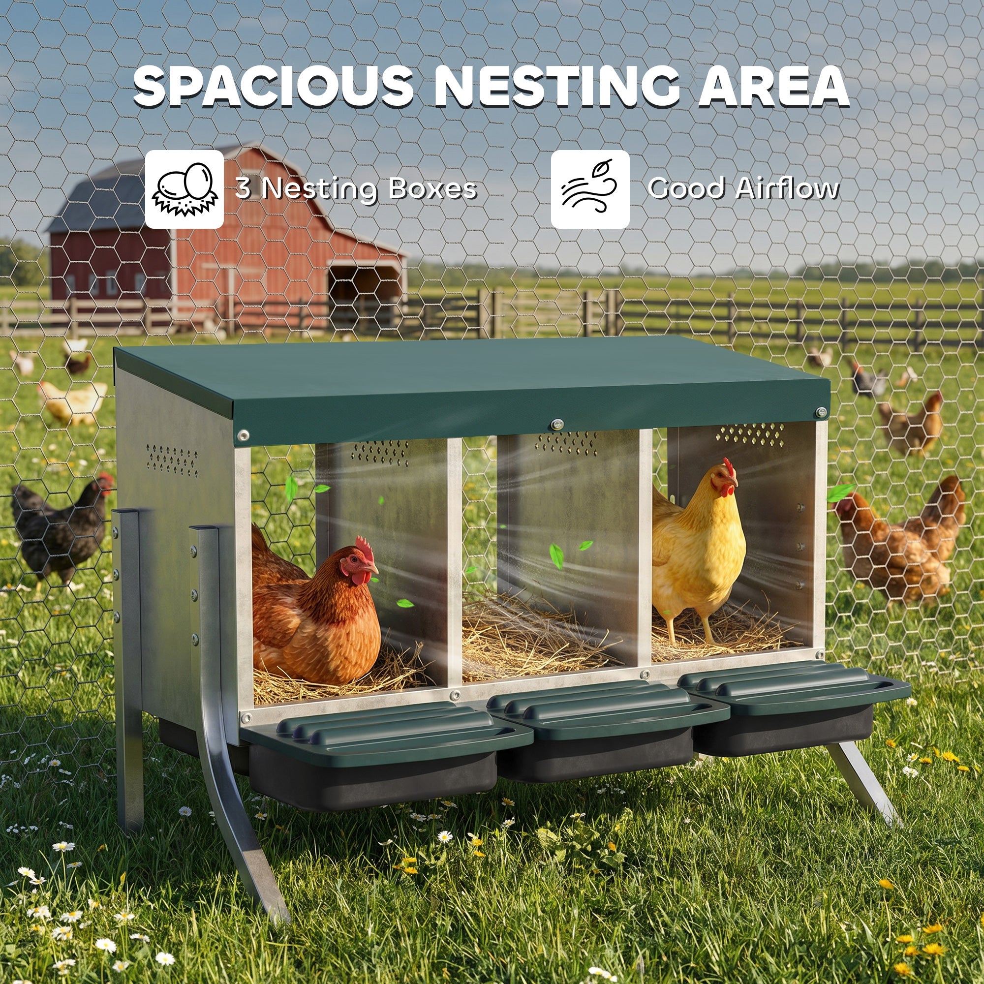 3-Compartment Rollaway Nesting Box for Chickens, Ventilated with Drainage, Fits 3 Hens, 85 x 54.6 x 61 cm (33.5 x 21.5 x 24 in), Silver/Green