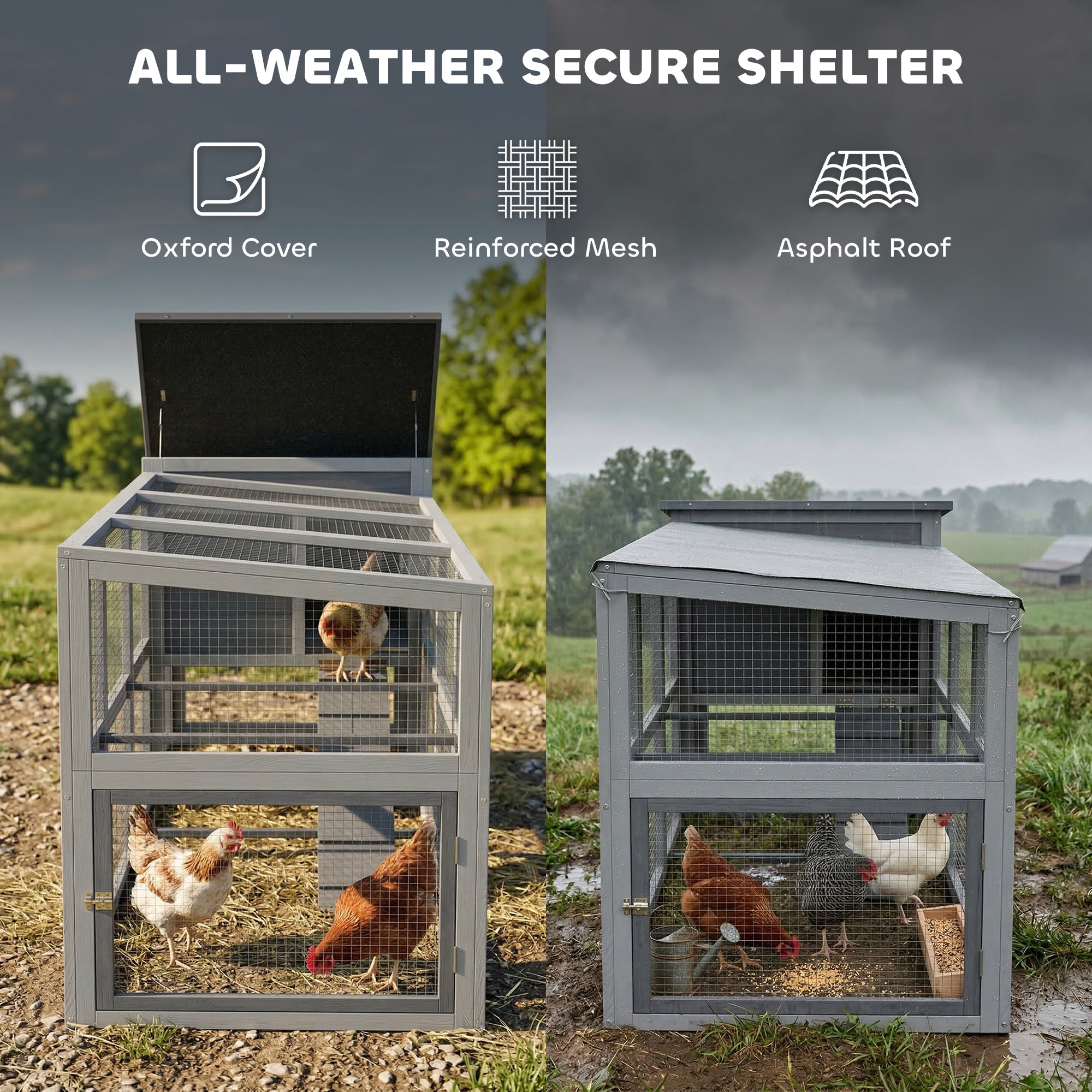 Wooden Chicken Coop with Run for 3–4 Hens, 104 x 32 x 35 in (264 x 82 x 89 cm) — Asphalt Roof, Oxford Cover, Nest Box, Perches, Pull-Out Tray — Gray