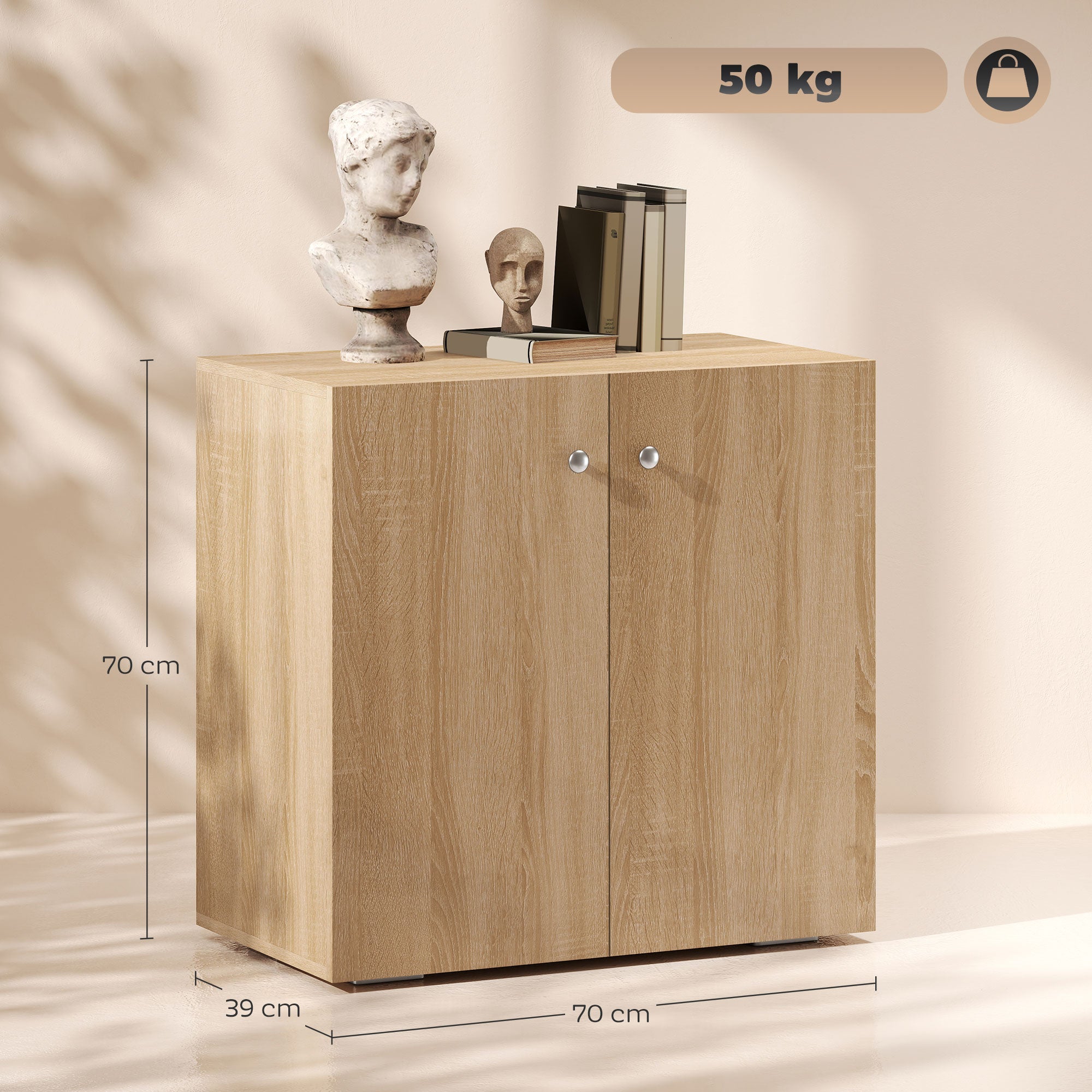 Living Room Sideboard with 2 Doors Storage Cabinet with 2 Shelves for Books Clothes Toys Modern Style 70x39x70 cm Natural Wood