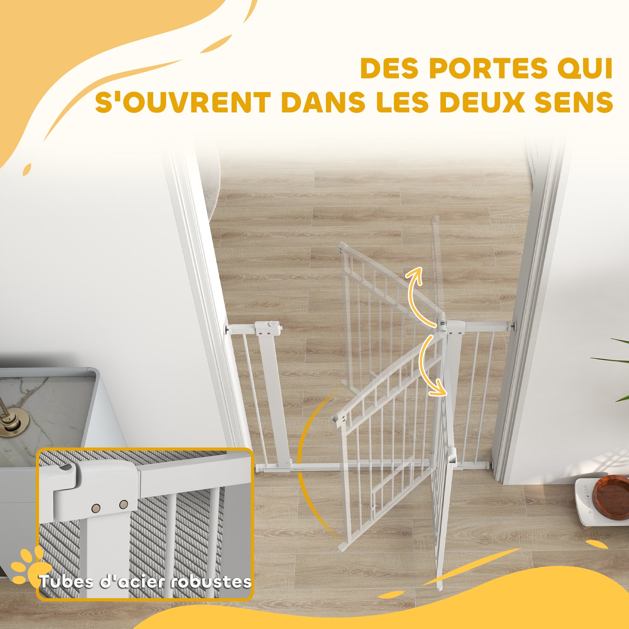 Extendable Dog Safety Barrier 76-104 x 95 cm, stair and door barrier with double locking system, pressure or drill mounting, dog and cat barrier, white