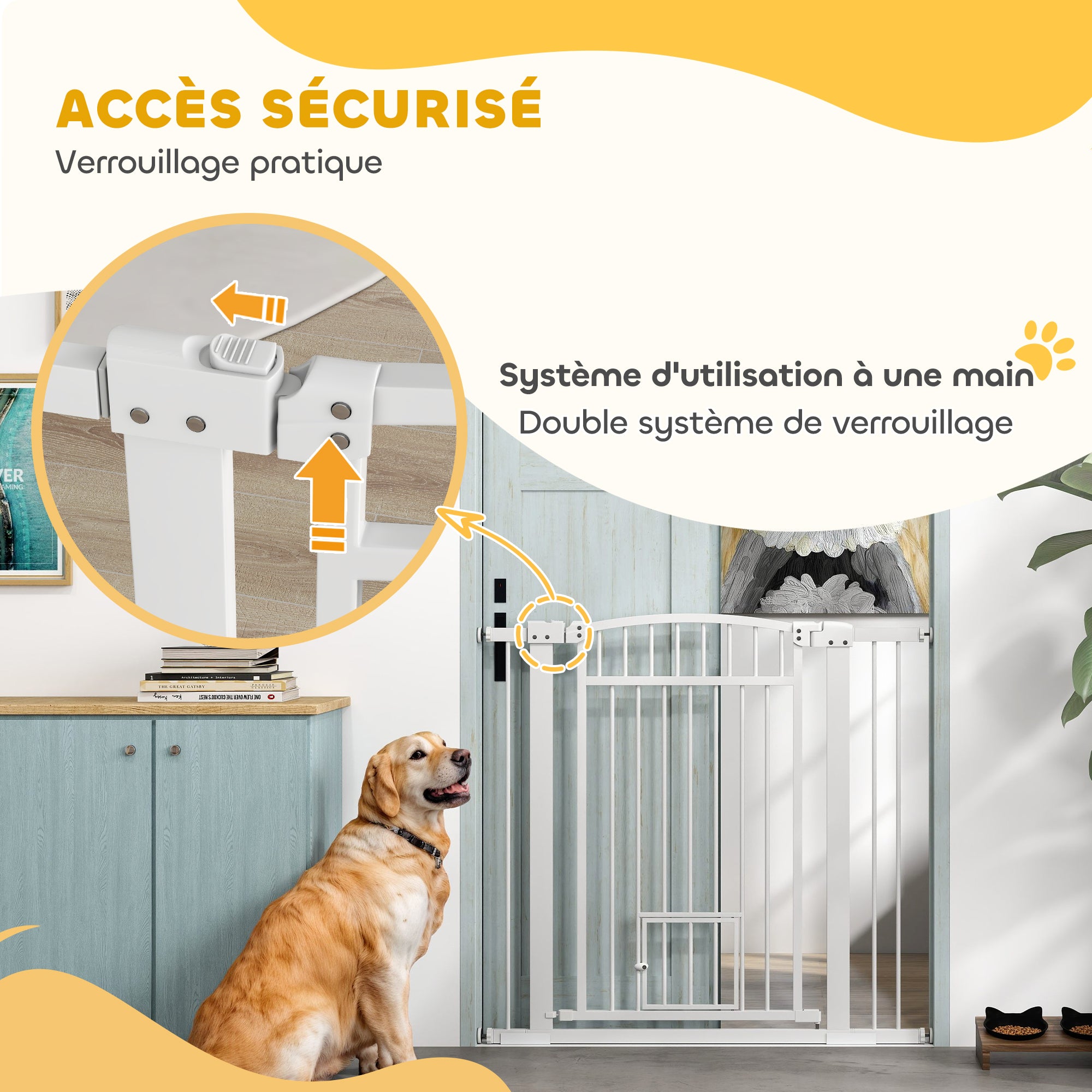 Extendable Dog Safety Barrier 76-104 x 95 cm, stair and door barrier with double locking system, pressure or drill mounting, dog and cat barrier, white