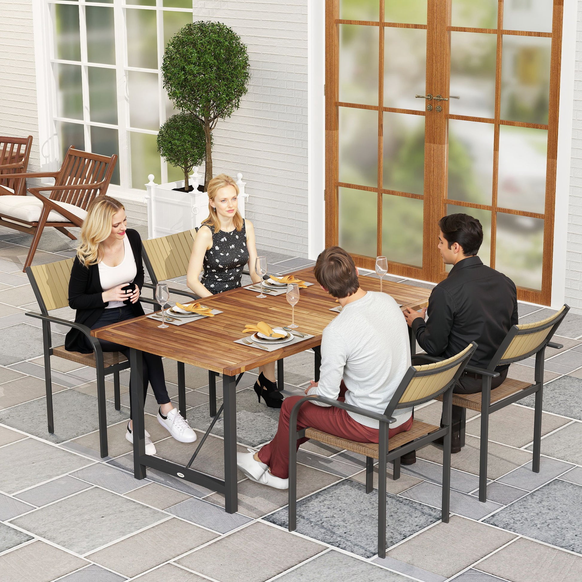 Acacia and Steel Garden Table, Rectangular Outdoor Table with Slat Top, Balcony Table for Patio, Terrace, Yard, and Outdoor, 160x90x75 cm, Teak