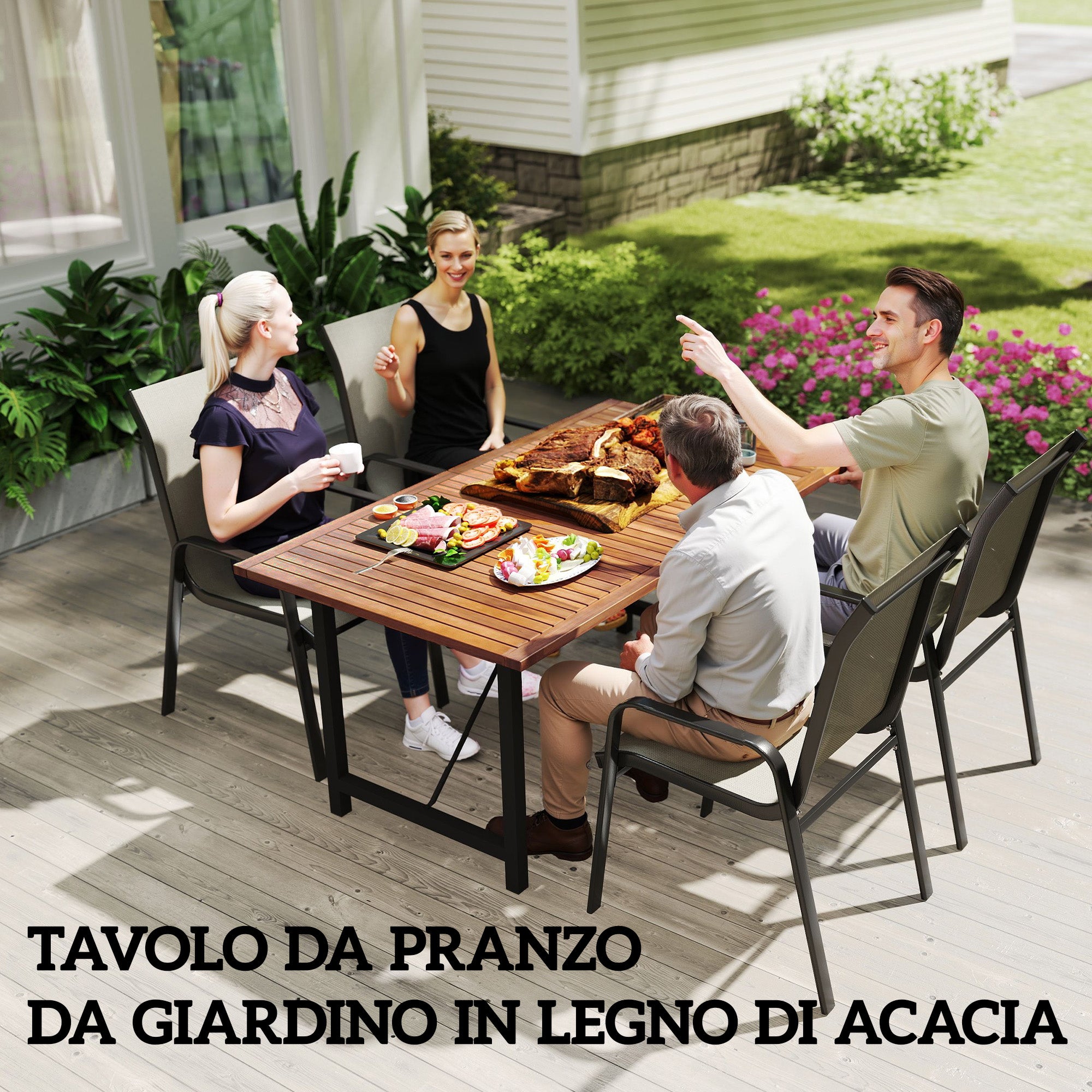 Acacia and Steel Garden Table, Rectangular Outdoor Table with Slat Top, Balcony Table for Patio, Terrace, Yard, and Outdoor, 160x90x75 cm, Teak