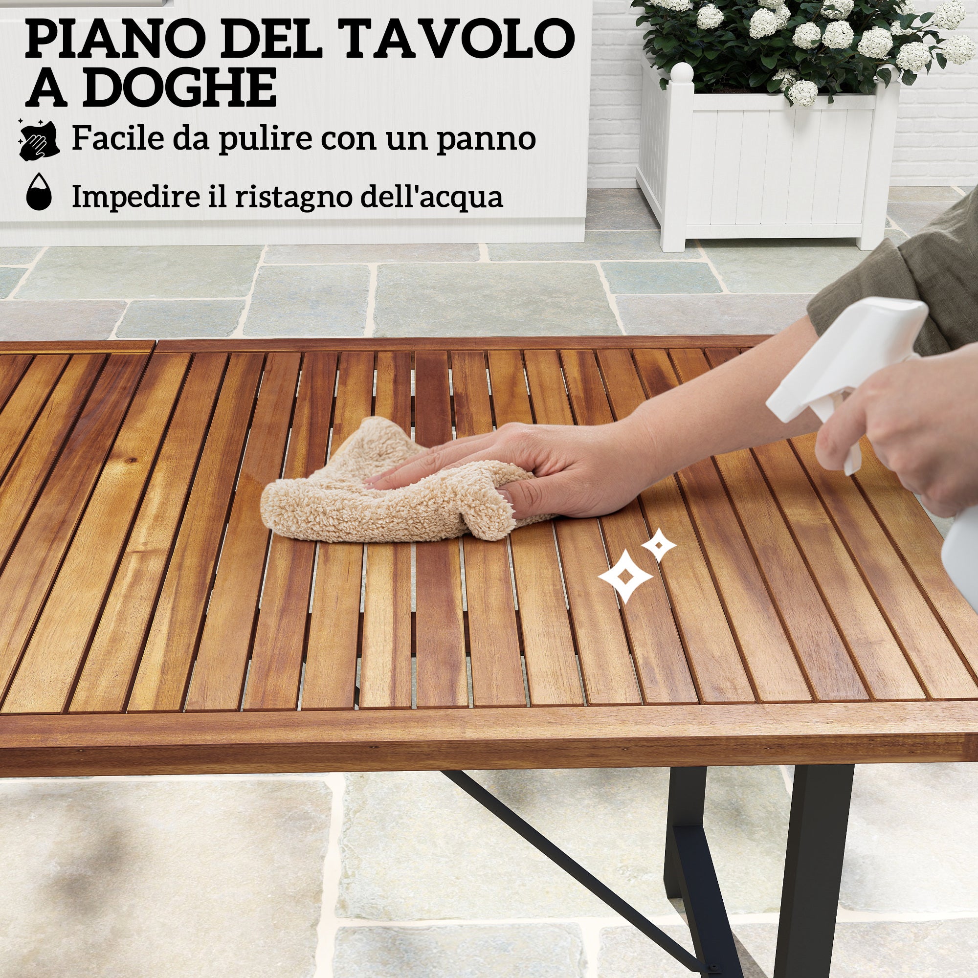 Acacia and Steel Garden Table, Rectangular Outdoor Table with Slat Top, Balcony Table for Patio, Terrace, Yard, and Outdoor, 160x90x75 cm, Teak