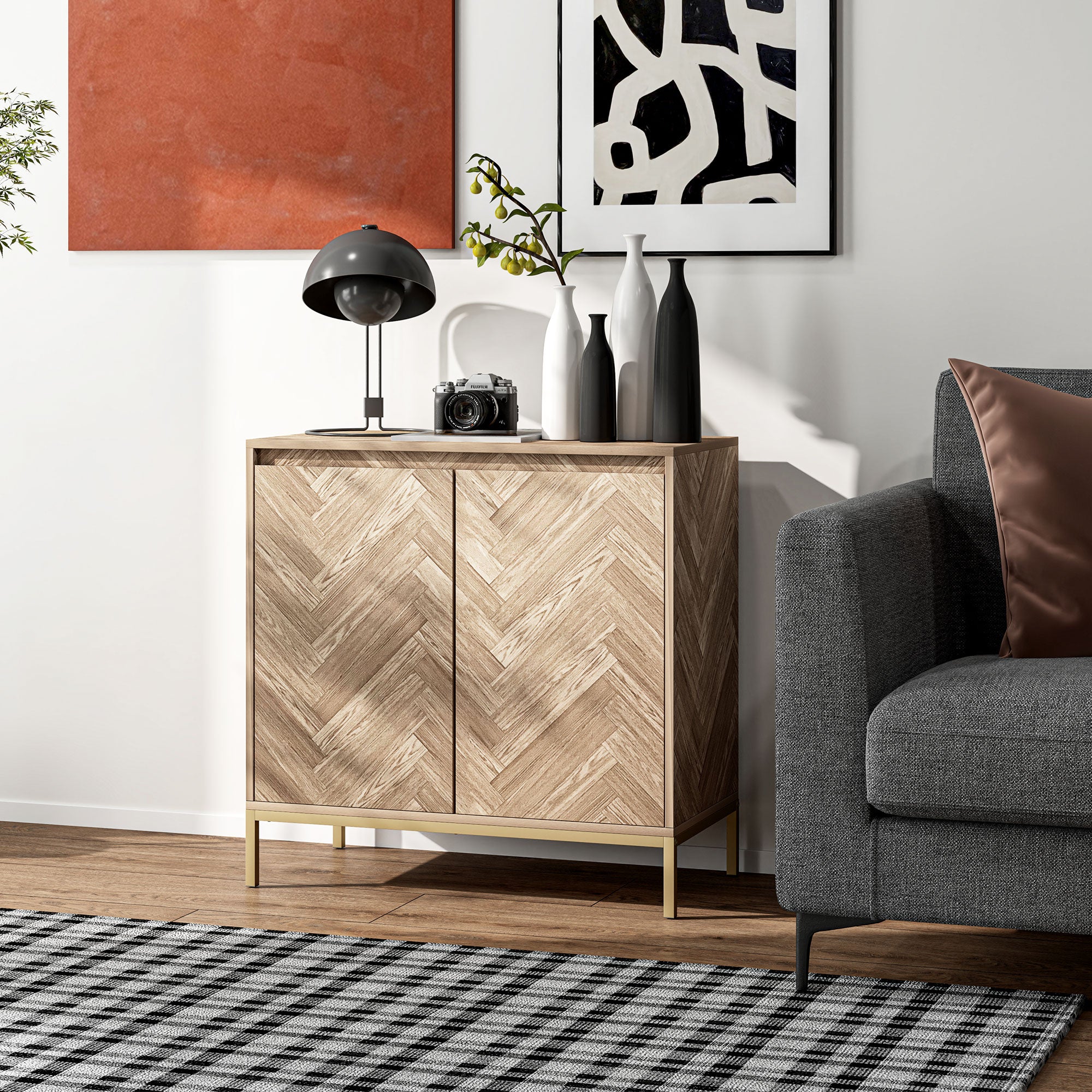 Scandinavian Style Storage Cabinet with 2 Chevron Doors, Adjustable Shelf, and Steel Legs, Storage Cabinet for Living Room, Dining Room, dim. 78 x 40 x 78 cm, Oak