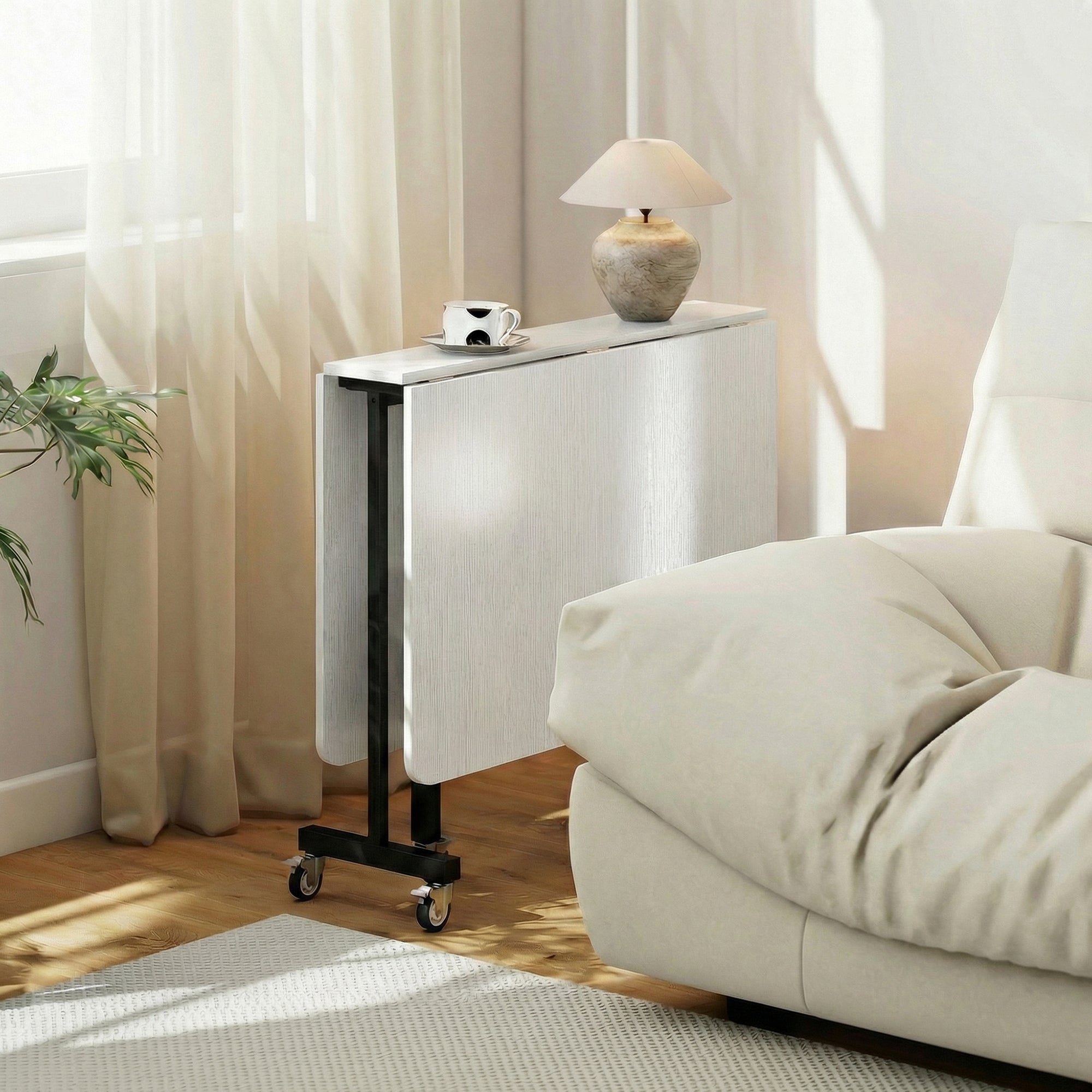 Folding Dining Table for 4–6 with Wheels, Steel Legs — Space-Saving Mobile Table for Small Kitchens, 47.2" x 31.5" x 28.7", White