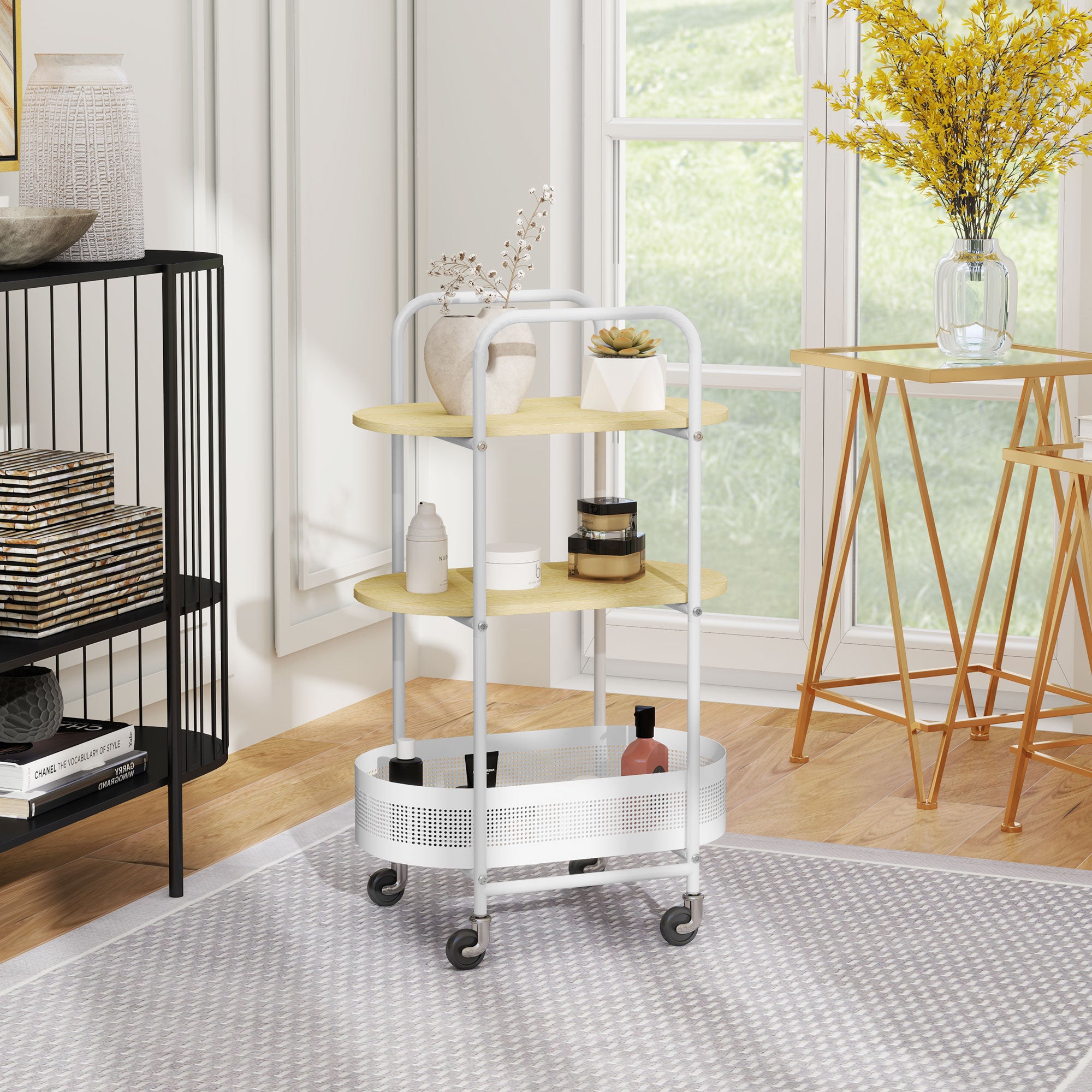 Utility Cart with Wheels 3-Tier Kitchen Cart Storage Cart with Basket and Shelves 30 kg Capacity for Dining Room Living Room Bedroom 49.5x32.5x82.5 cm White and Natural Wood