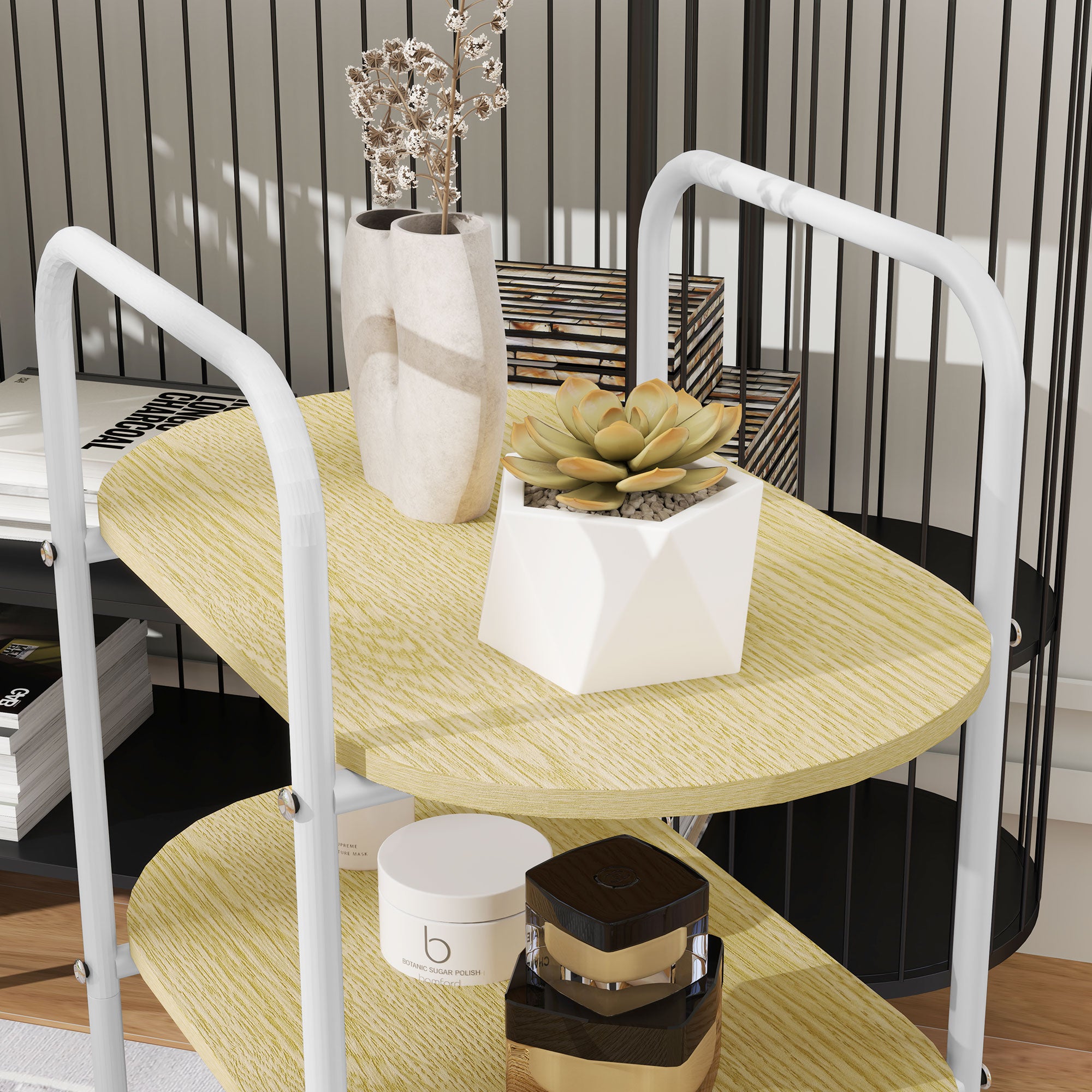 Utility Cart with Wheels 3-Tier Kitchen Cart Storage Cart with Basket and Shelves 30 kg Capacity for Dining Room Living Room Bedroom 49.5x32.5x82.5 cm White and Natural Wood