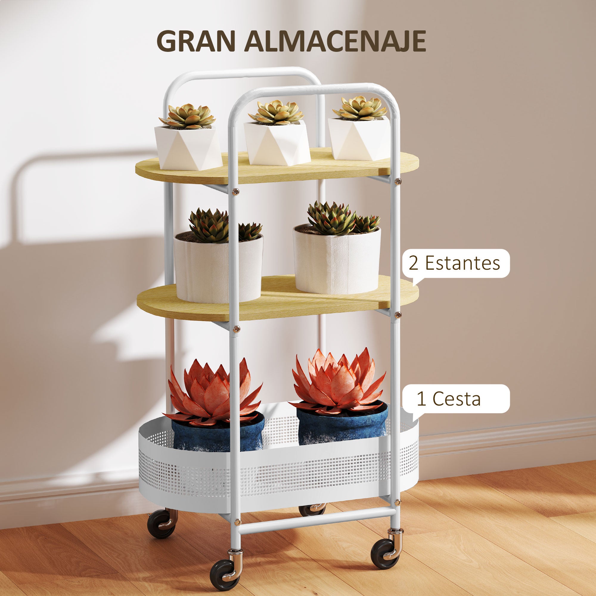 Utility Cart with Wheels 3-Tier Kitchen Cart Storage Cart with Basket and Shelves 30 kg Capacity for Dining Room Living Room Bedroom 49.5x32.5x82.5 cm White and Natural Wood