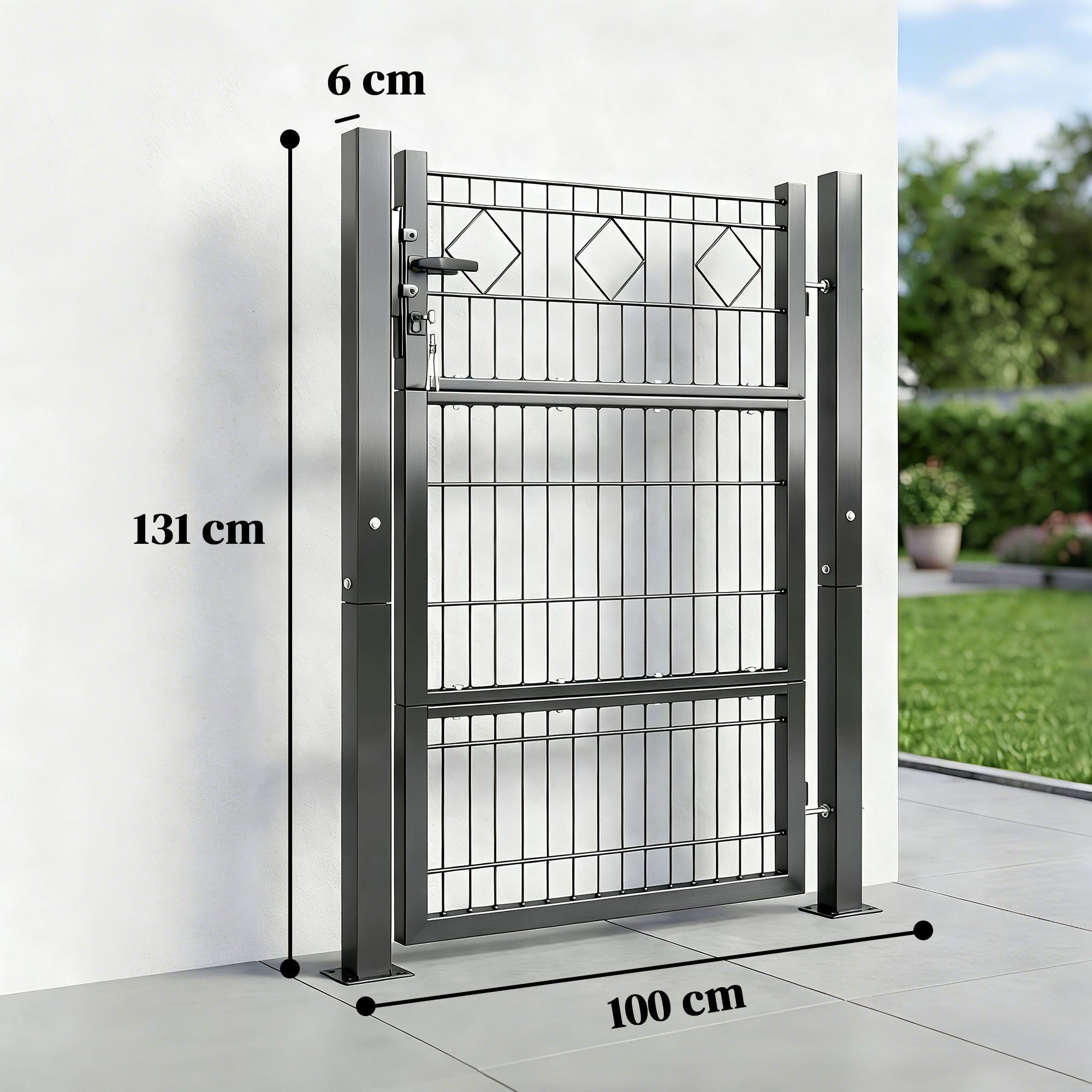 Galvanized Metal Garden Gate 39.4 x 51.6 in with Handle, Lock & 3 Keys, 2 Posts - Dark Gray
