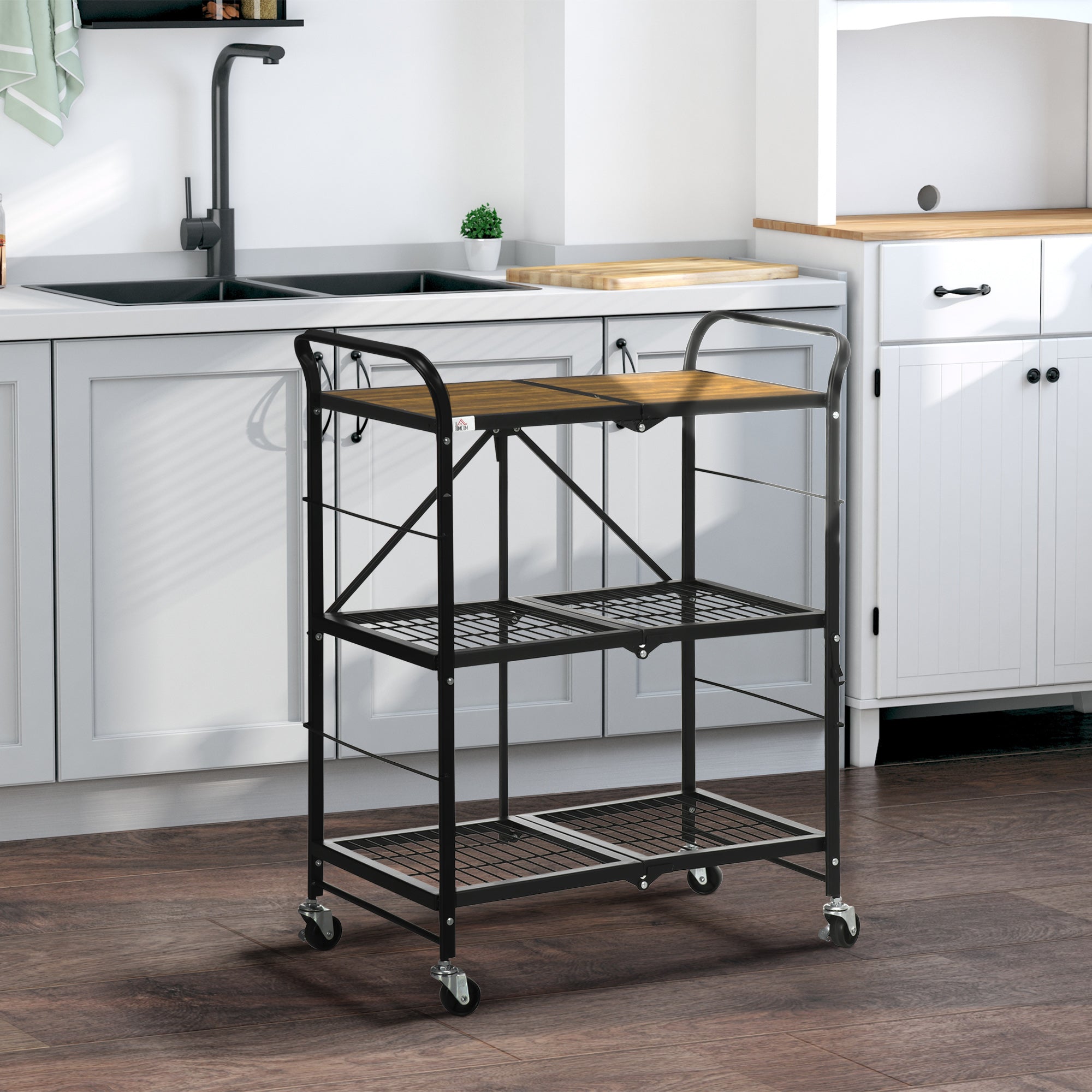 3-Tier Serving Trolley with Wheels Handle Kitchen Trolley with Brakes Foldable Kitchen Shelf Multipurpose Cart for Kitchen Office Bathroom, Brown+Black