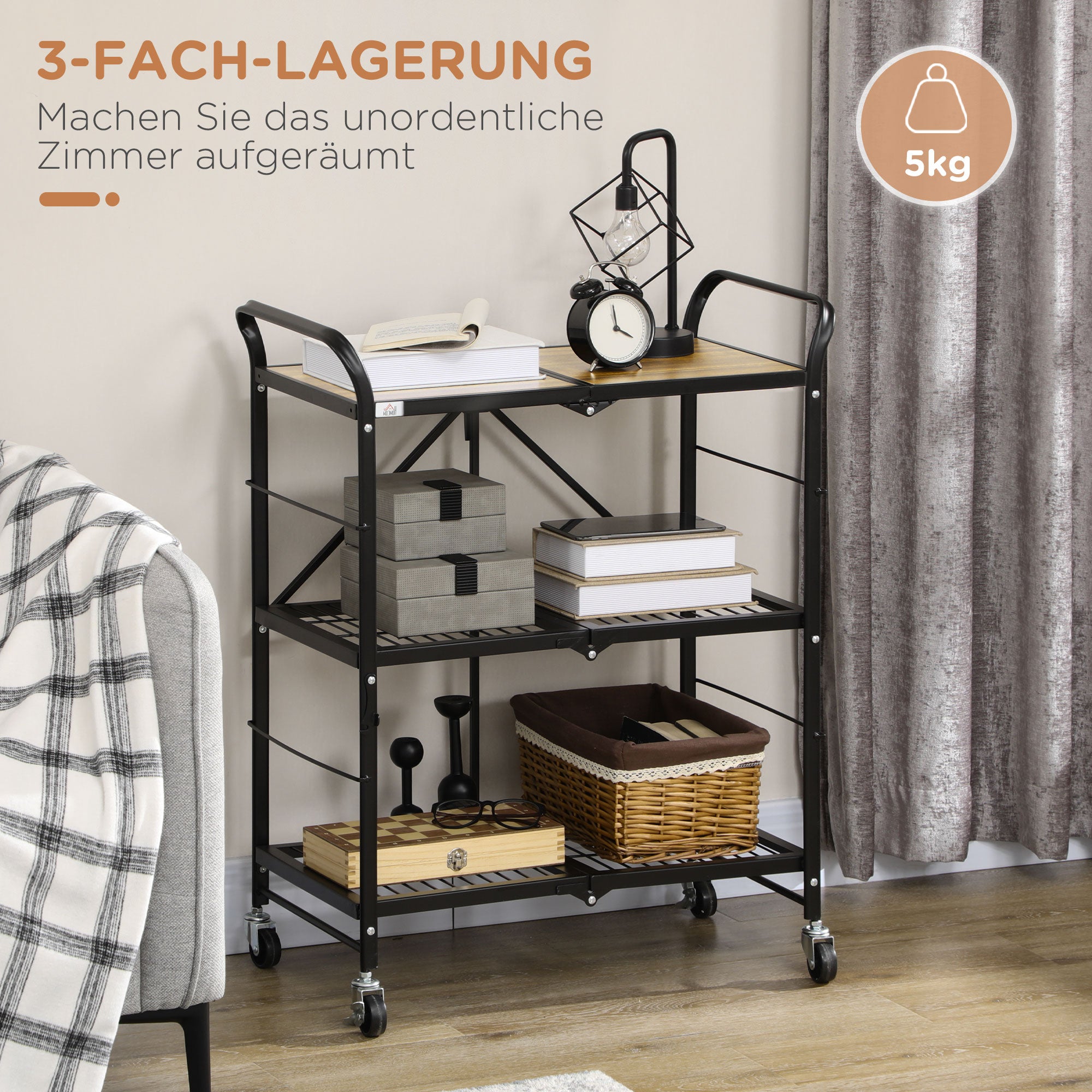 3-Tier Serving Trolley with Wheels Handle Kitchen Trolley with Brakes Foldable Kitchen Shelf Multipurpose Cart for Kitchen Office Bathroom, Brown+Black