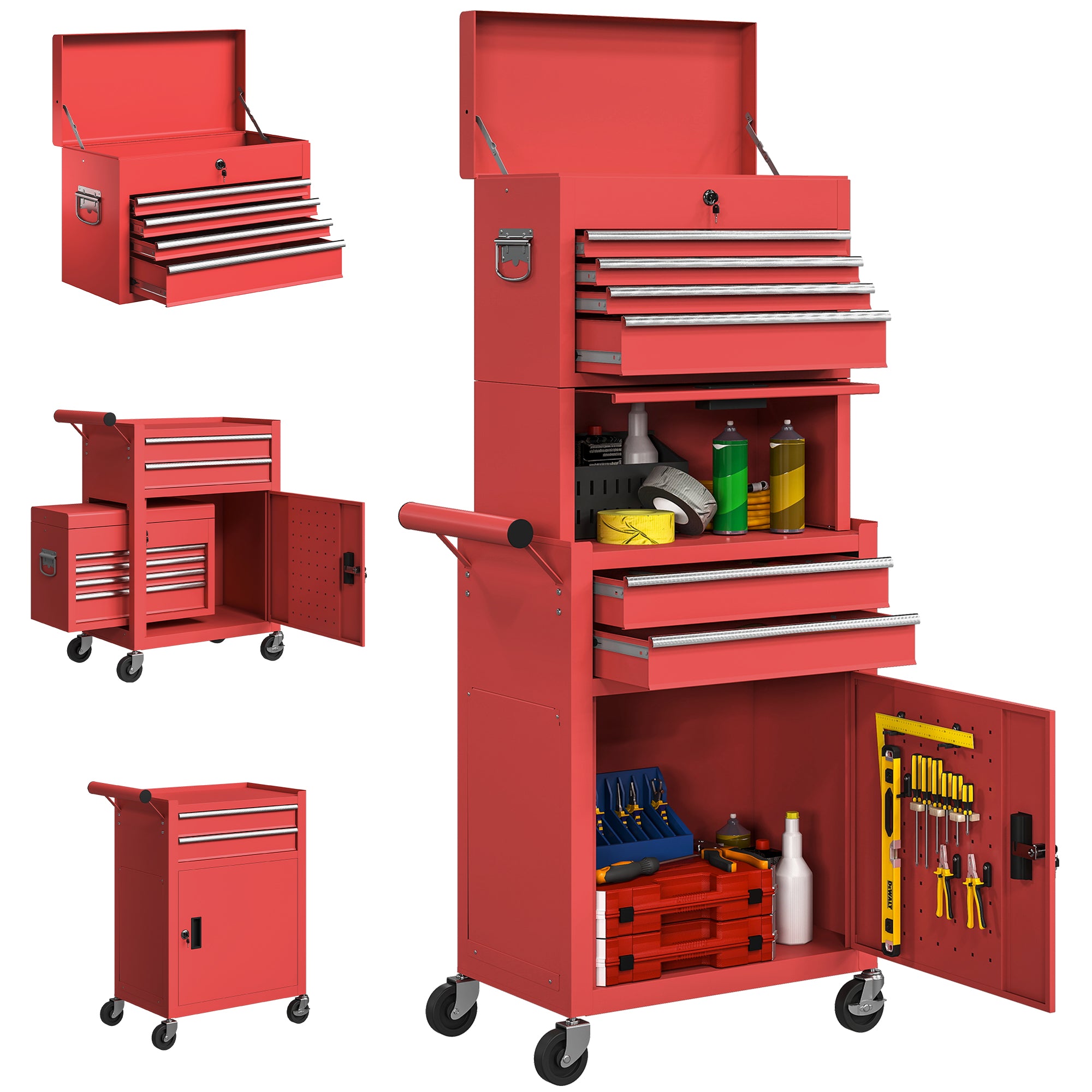 Workshop Trolley with Toolbox, 6 Drawers & Pegboard, Lockable, Empty Tool Cart with Handle, Steel Cabinet on Wheels, Red