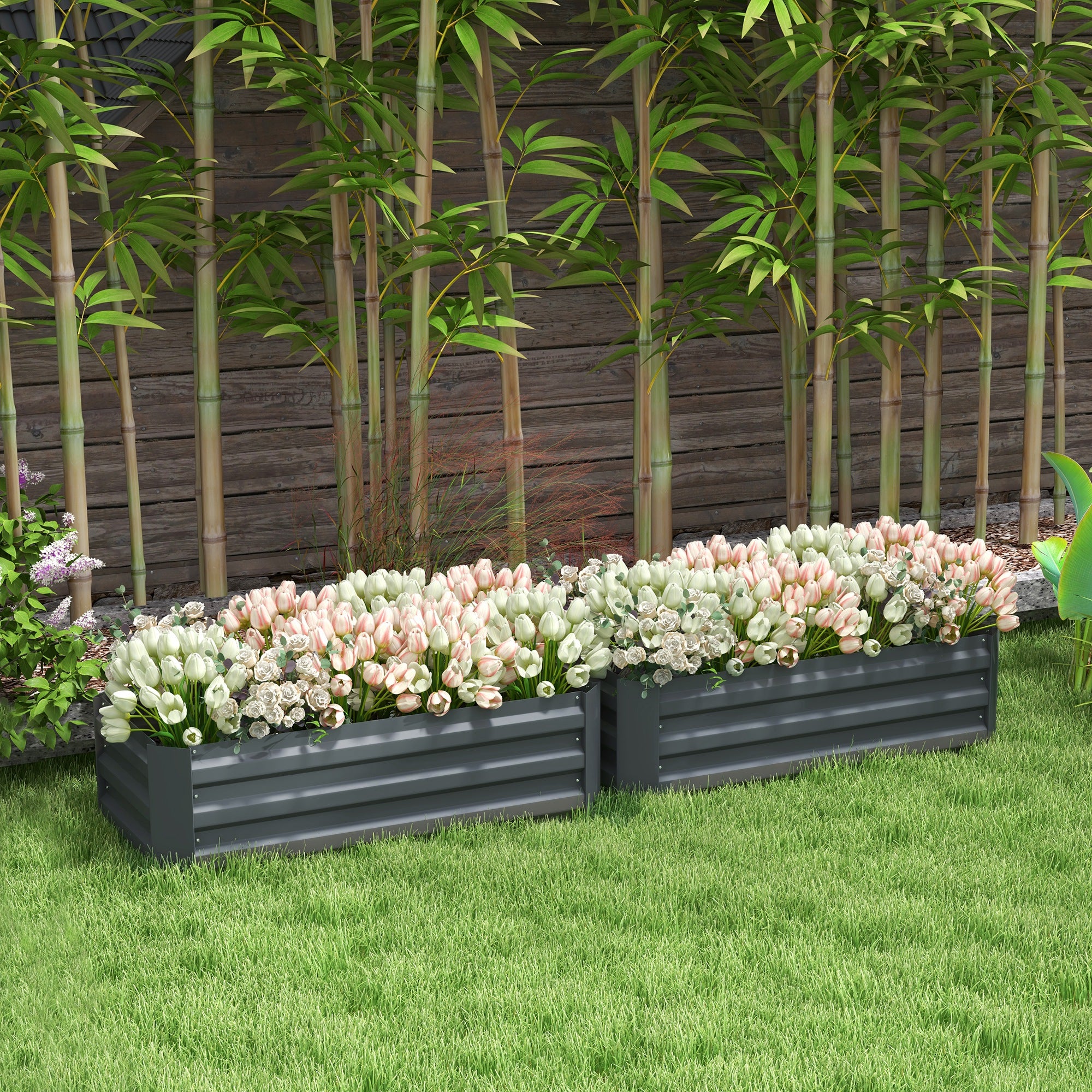 Set of 2 Garden Square Raised Planters 100L x 50W x 30H cm - Gray Corrugated Steel