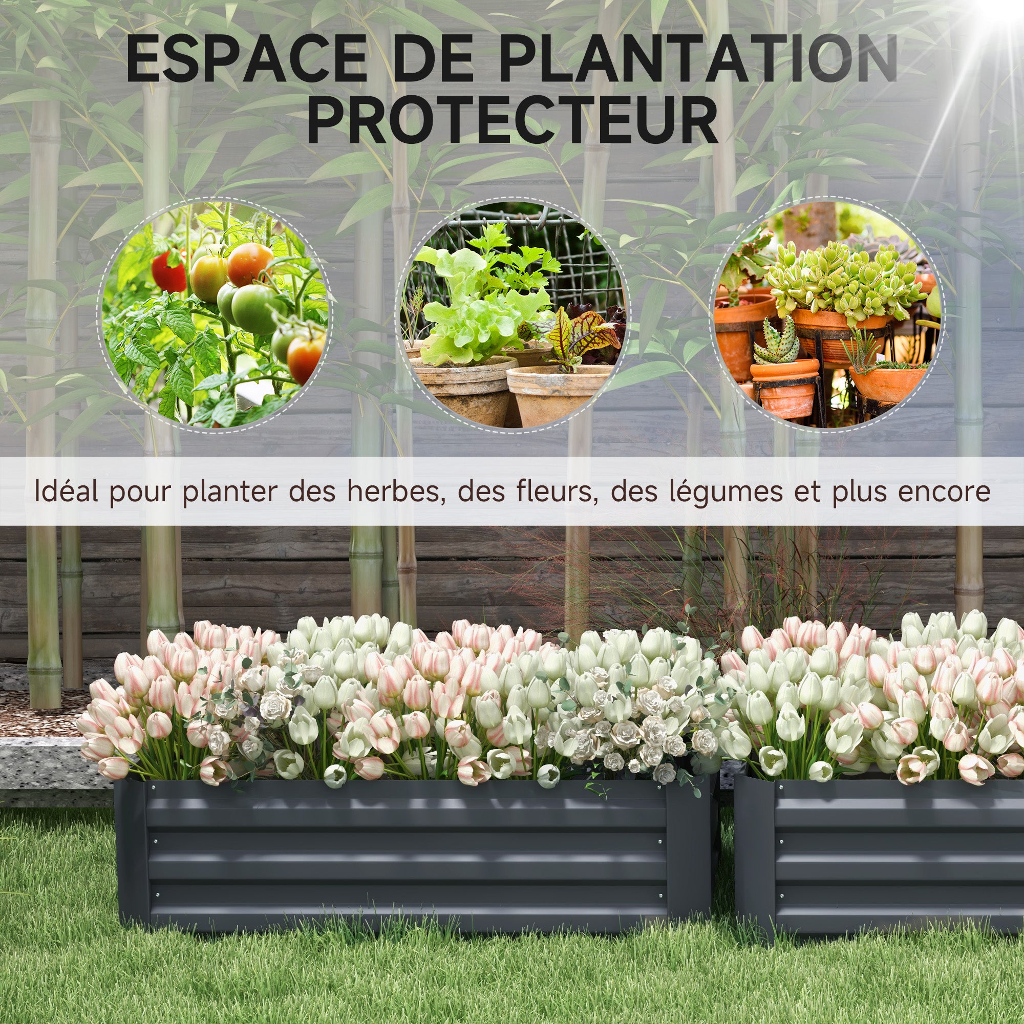 Set of 2 Garden Square Raised Planters 100L x 50W x 30H cm - Gray Corrugated Steel