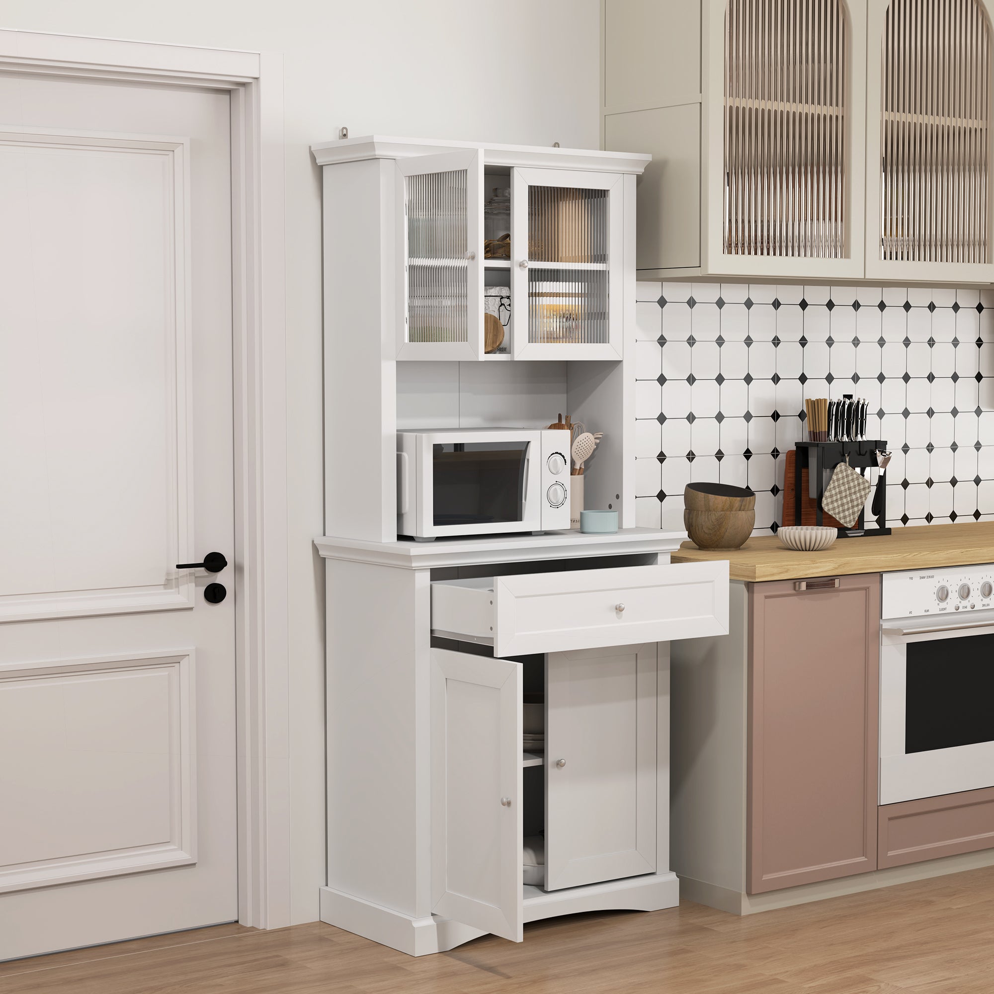 Modern Kitchen Pantry Kitchen Cabinet with 1 Drawer, 2 Glass Doors, and Adjustable Shelves, 50 kg Load Capacity for Dining Room Living Room 79x40x180 cm White