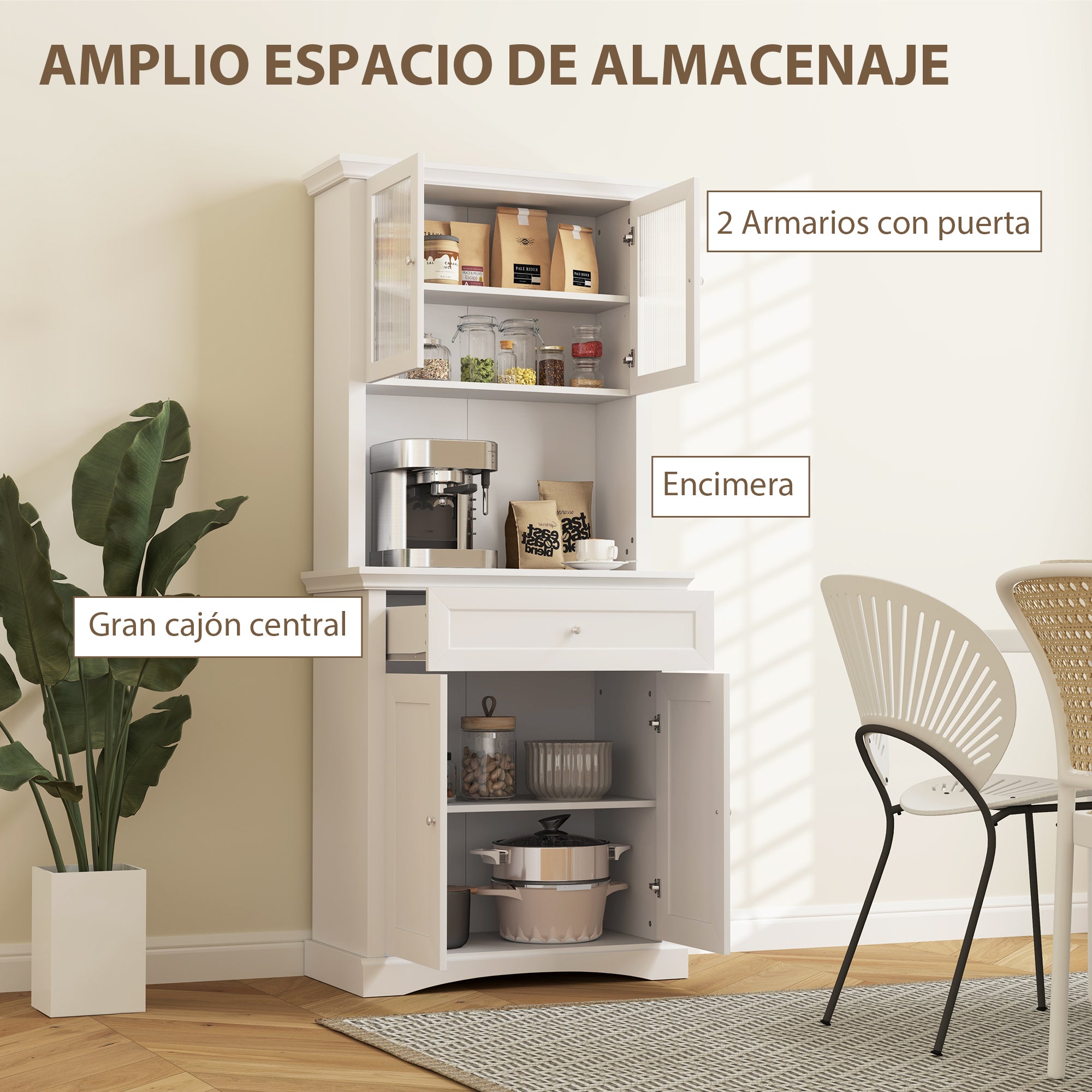 Modern Kitchen Pantry Kitchen Cabinet with 1 Drawer, 2 Glass Doors, and Adjustable Shelves, 50 kg Load Capacity for Dining Room Living Room 79x40x180 cm White