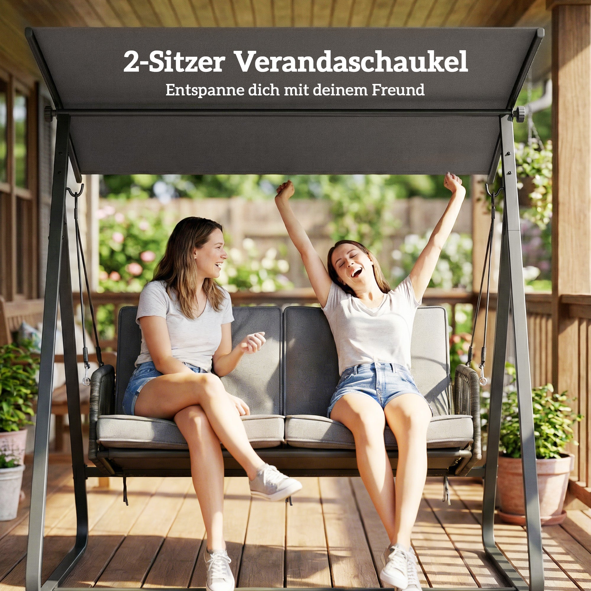 2‑Seater Rattan Hollywood Swing with Adjustable Sun Canopy and Soft Cushions, A‑Frame — Holds up to 240 kg (529 lb) — 150 x 128 x 168 cm / 59 x 50 x 66 in — Dark Gray