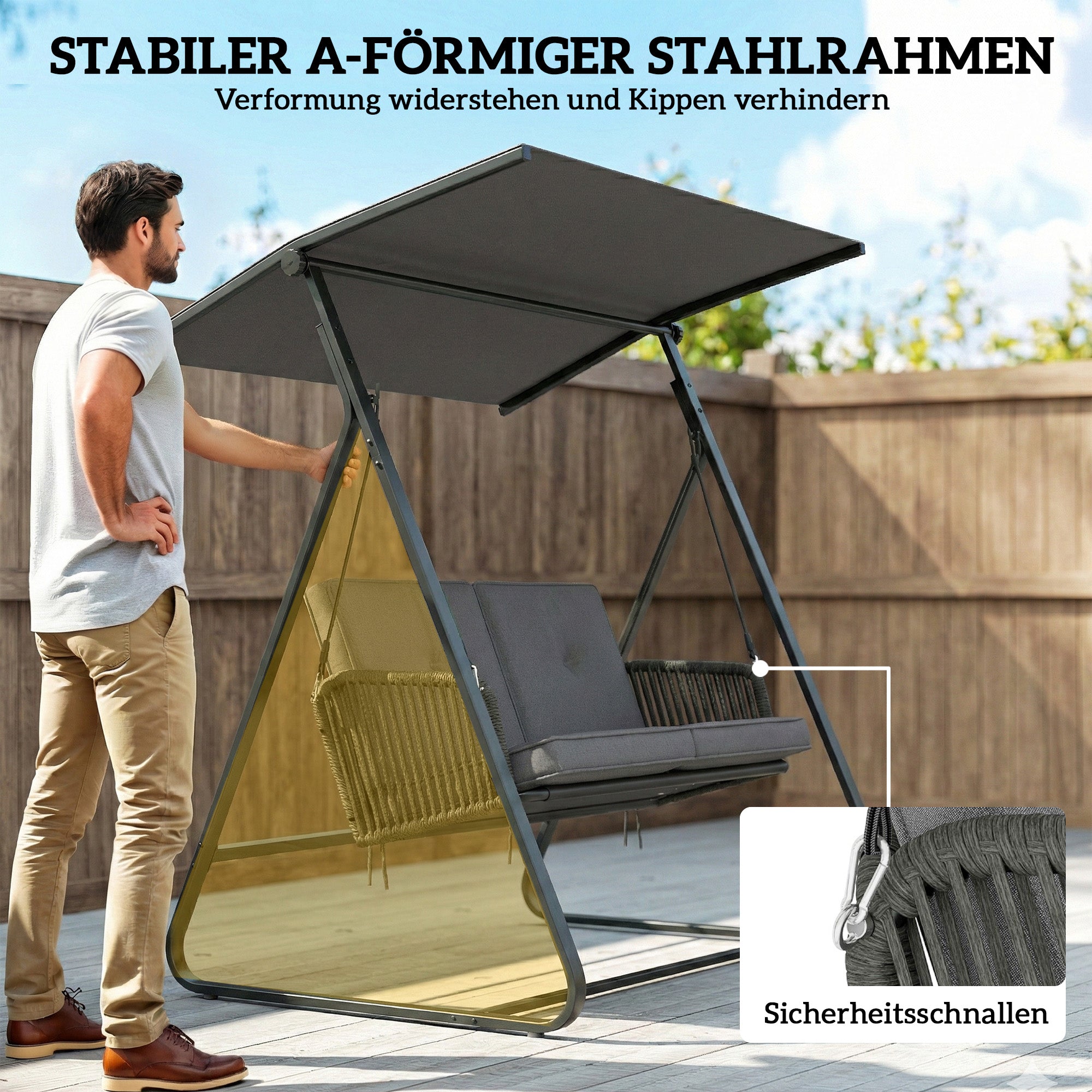 2‑Seater Rattan Hollywood Swing with Adjustable Sun Canopy and Soft Cushions, A‑Frame — Holds up to 240 kg (529 lb) — 150 x 128 x 168 cm / 59 x 50 x 66 in — Dark Gray