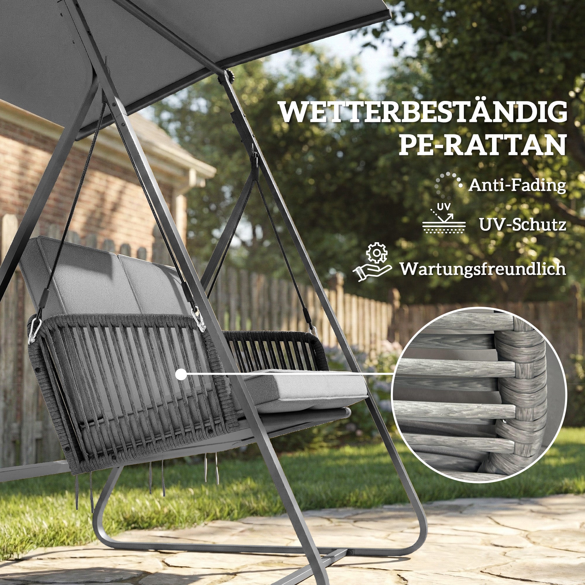 2‑Seater Rattan Hollywood Swing with Adjustable Sun Canopy and Soft Cushions, A‑Frame — Holds up to 240 kg (529 lb) — 150 x 128 x 168 cm / 59 x 50 x 66 in — Dark Gray
