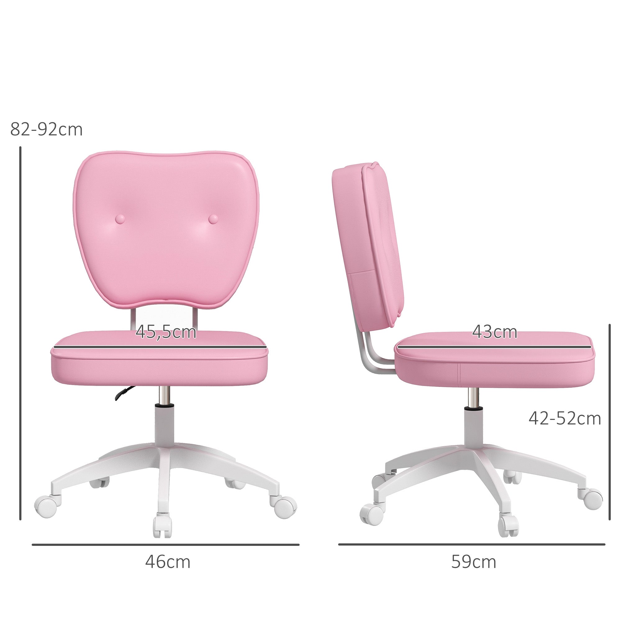Upholstered PU Desk Chair Swivel Office Chair with Adjustable Height Armless 120kg Load for Study Bedroom 46x59x82-92cm Pink